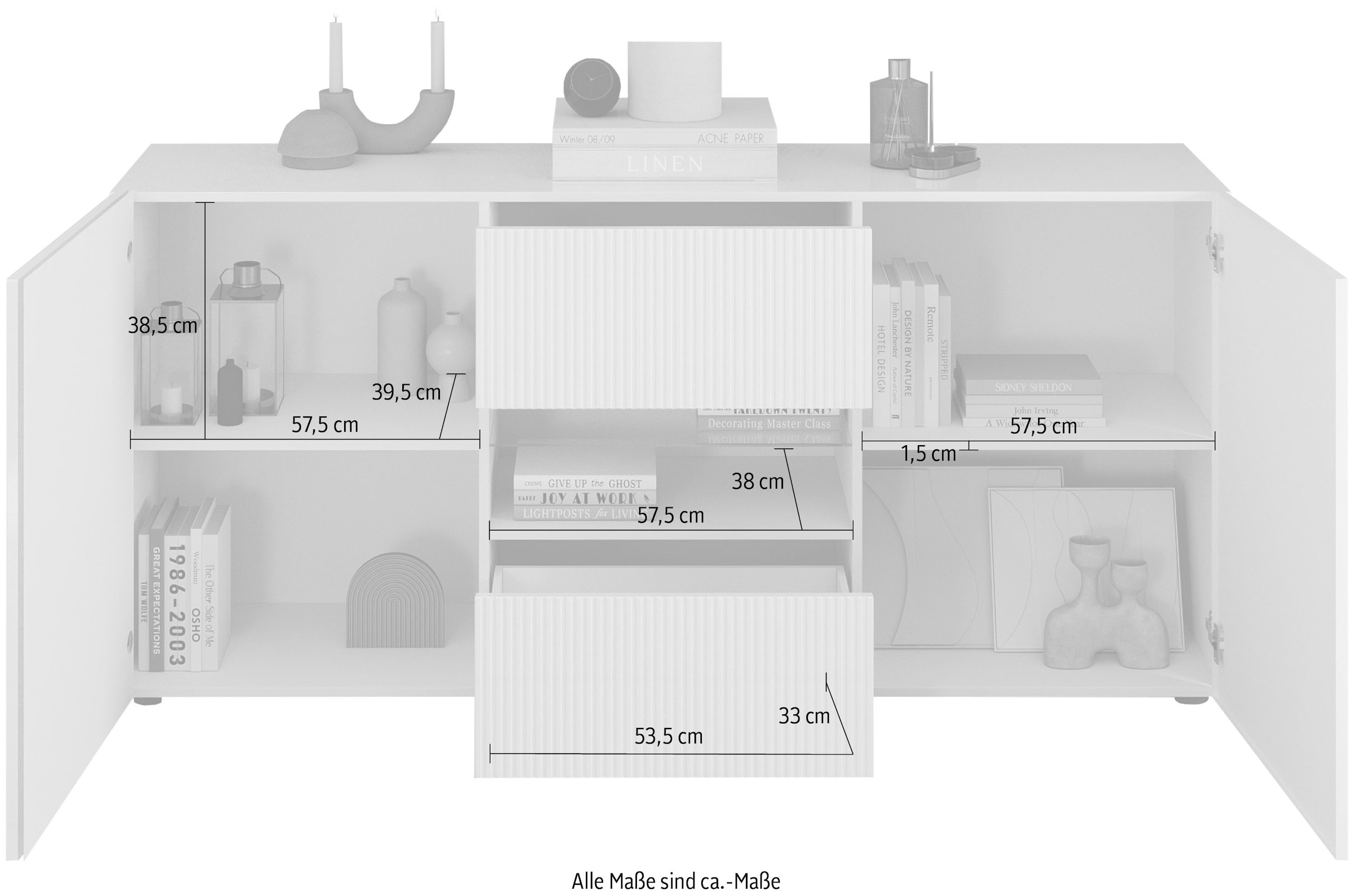 INOSIGN Sideboard »Rio Breite 181 cm, Kommode mit 2 Türen u. 2 Schubkästen,«, Anrichte, geriffelte Front, modern u. elegant, viel Stauraum