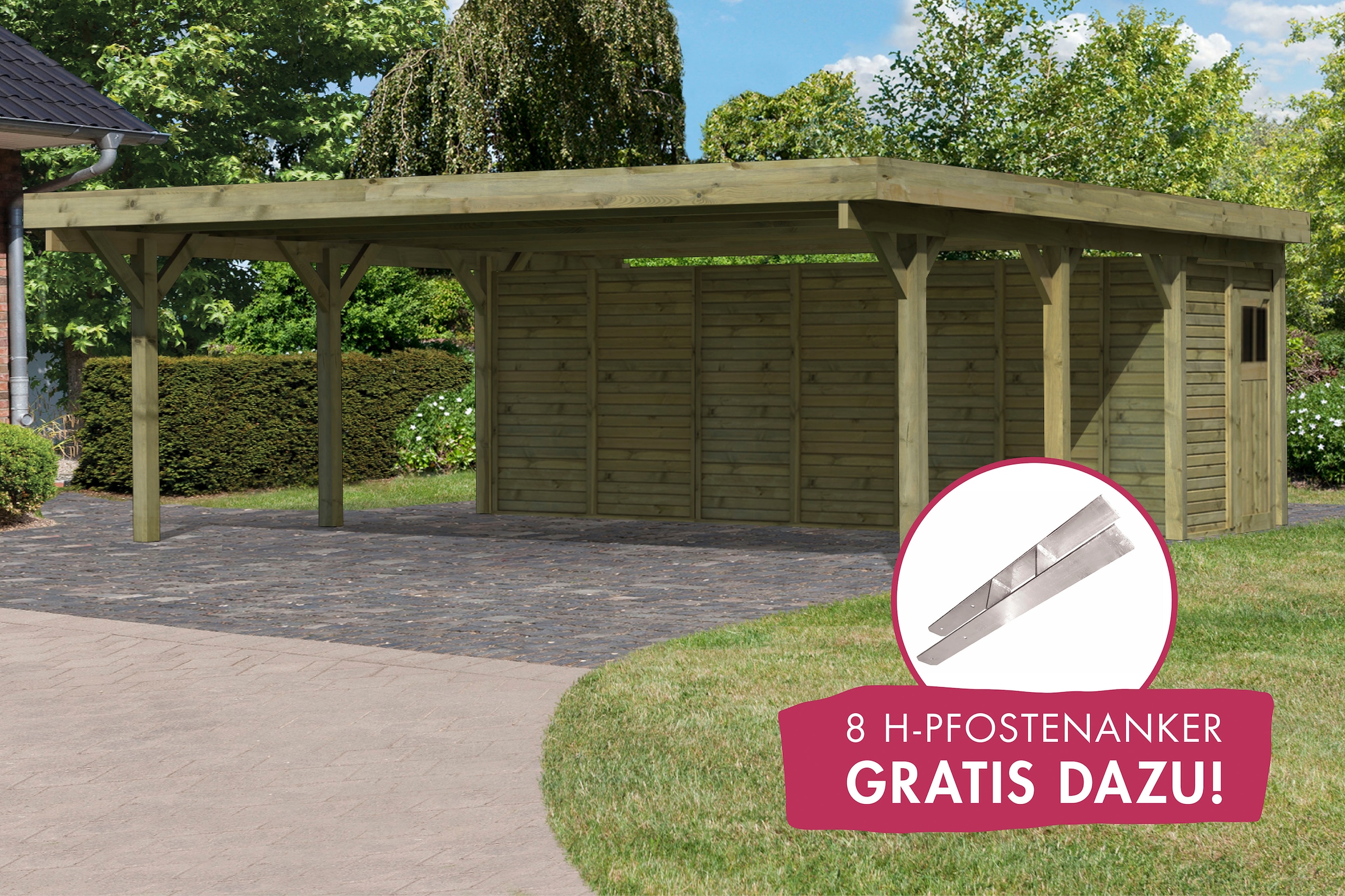 Karibu Doppelcarport »Classic 2«, Holz, 540 cm, braun, mit Geräteraum