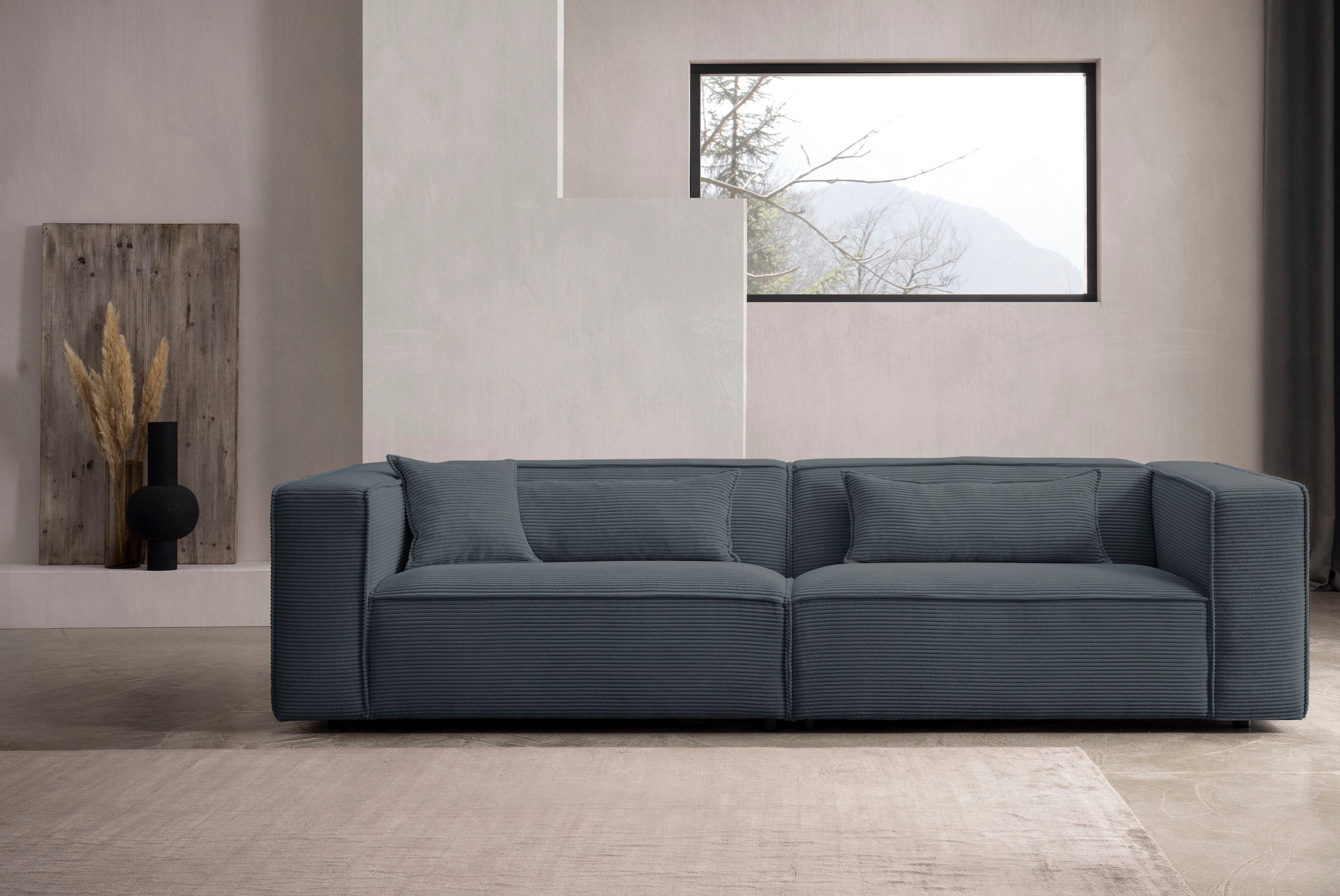 LeGer Home by Lena Gercke 3-Sitzer »PIARA, Couch mit Kedernaht, Sofa in Cord oder Leinenoptik«, schwarze Füße, bequemer Sitzkomfort