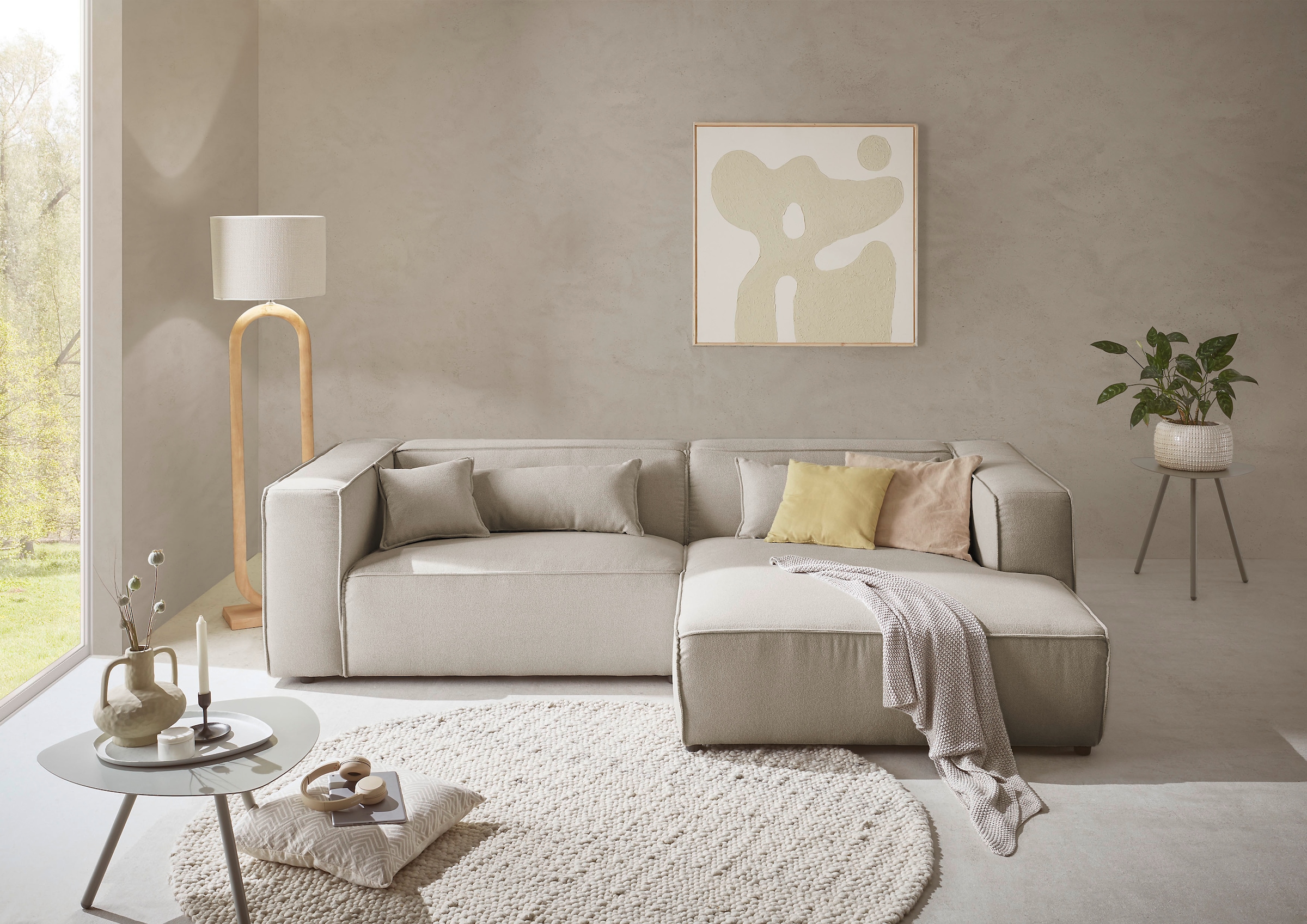 LeGer Home by Lena Gercke Ecksofa »PIARA mit Kedernaht in Cord oder Leinenoptik, moderne Couch in L-Form«, wahlweise Ottomane rechts/links, schwarze Füße, bequemer Sitzkomfort