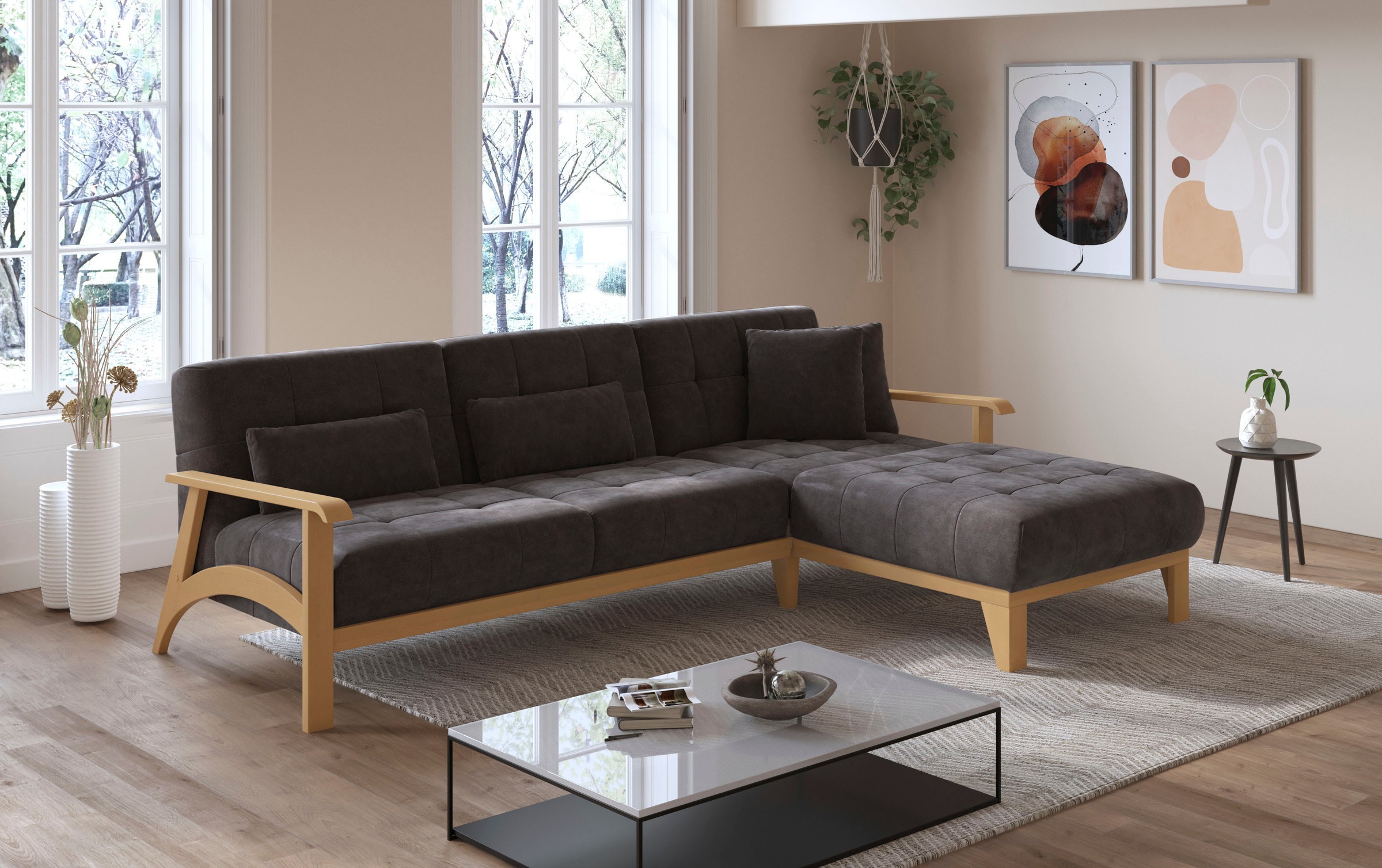 sit&more Ecksofa »Billund L-Form«, Armlehnen aus eichefarbigem Buchenholz, verschiedene Bezüge und Farben