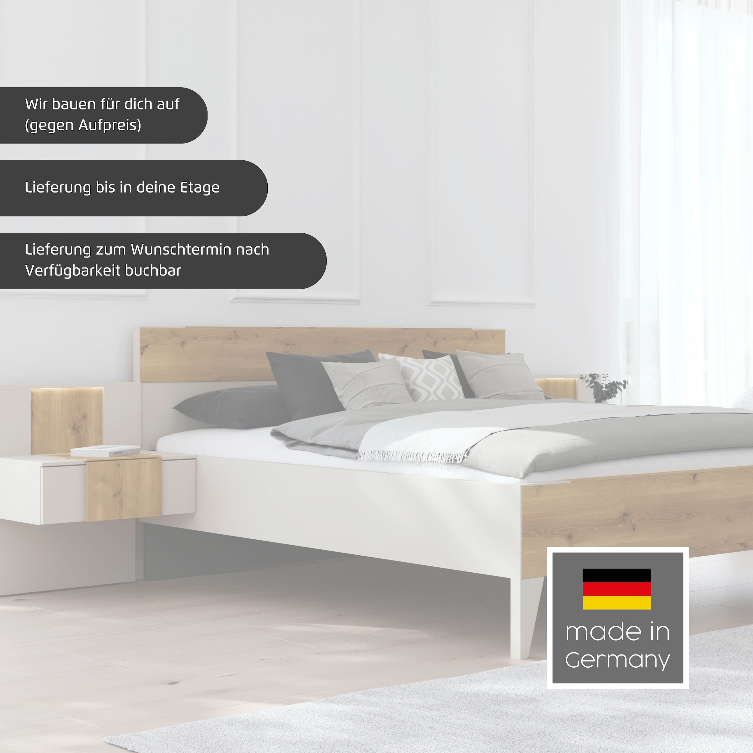 rauch Bettanlage »Bett Doppelbett Komfortbett Schlafzimmer Nachttische KONA« Set, Bett 180x200 oder 200x200, 2x Hängenachttisch, 2x Paneele mit Bel., 5 tlg. tlg. Absetzung Asteiche massiv, mit Soft-Close-Funktion MADE IN GERMANY