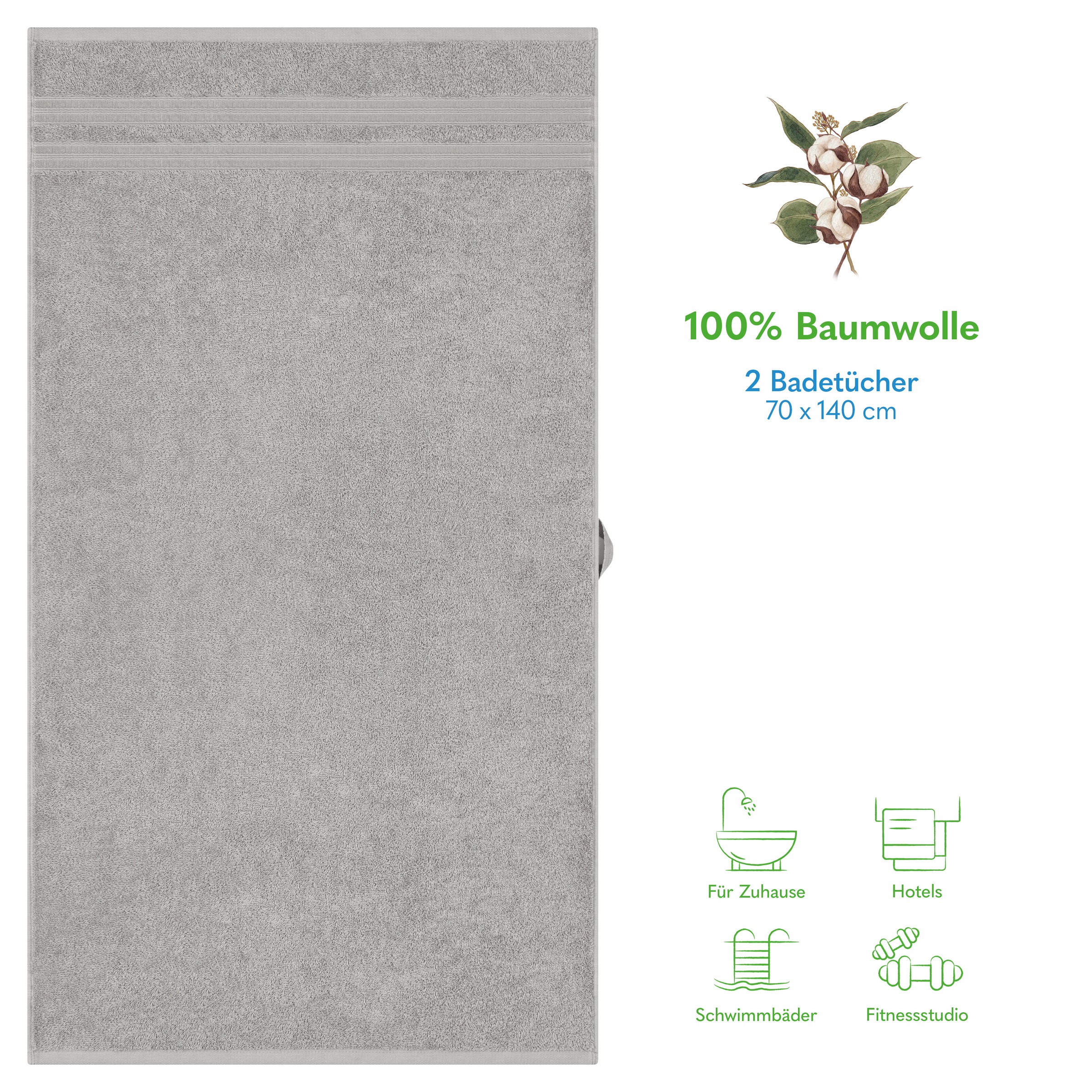 HAMMETEX Duschtuch »2er Set Badetücher 70x140 cm, 100% Baumwolle, Weich & Saugstark«, (Set, 2 St., 2), mit Bordüre, einfarbig, weich