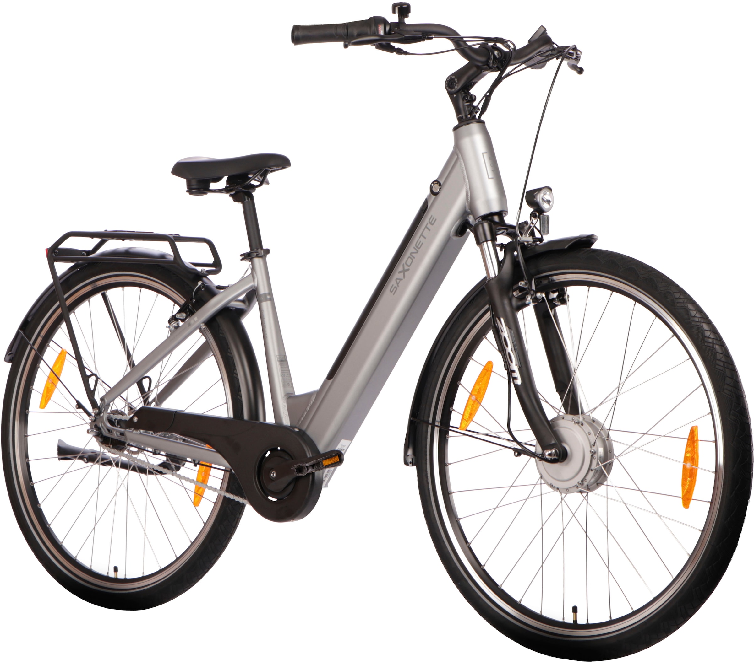 SAXONETTE E-Bike »SAXONETTE Comfort Plus 5.0 E-Bike Damen 28 Zoll«, 7 Gang, Shimano, Nexus 7 Gänge, Frontmotor 250 W, (Packung), (mit integr. Akku), Elektrofahrrad für Alltag und Einkauf