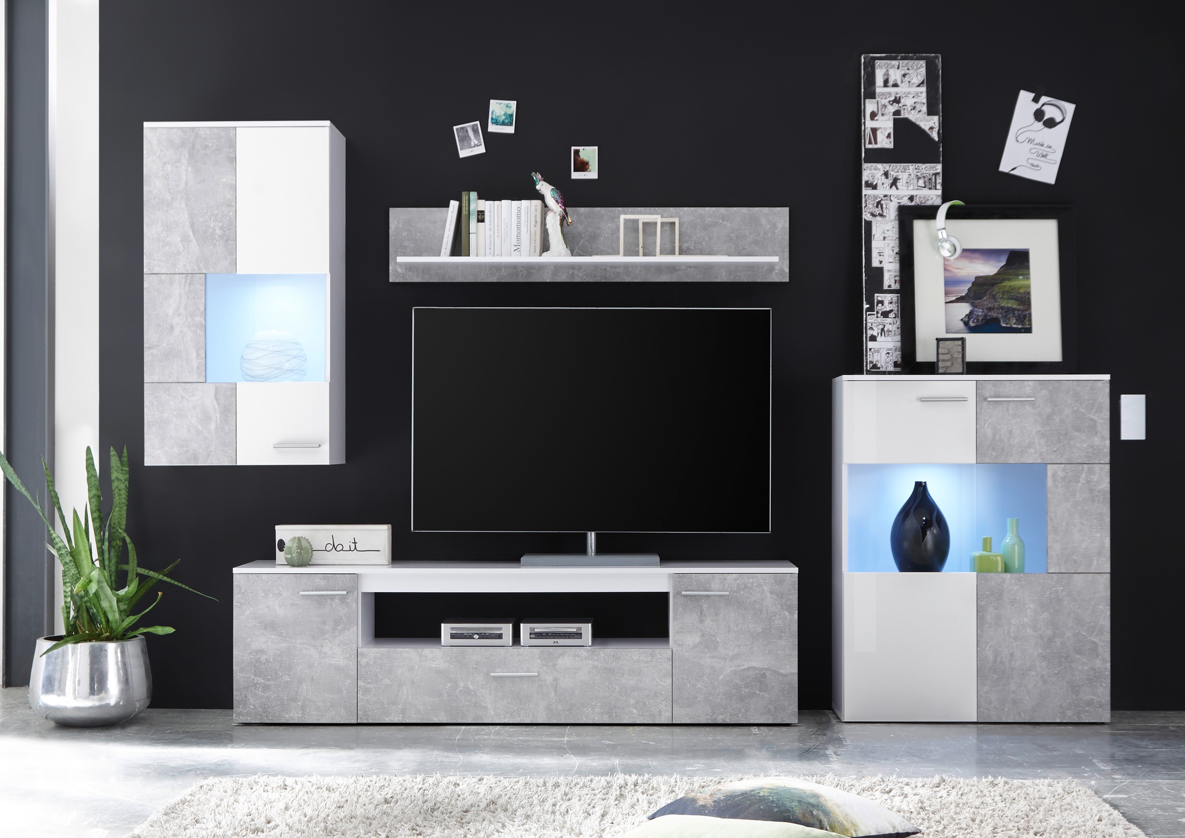 HBZ Wohnwand »Vulcan inkl. LED-Beleuchtung Weiß-Beton, BxHxT 290x194x40 cm« günstig online kaufen