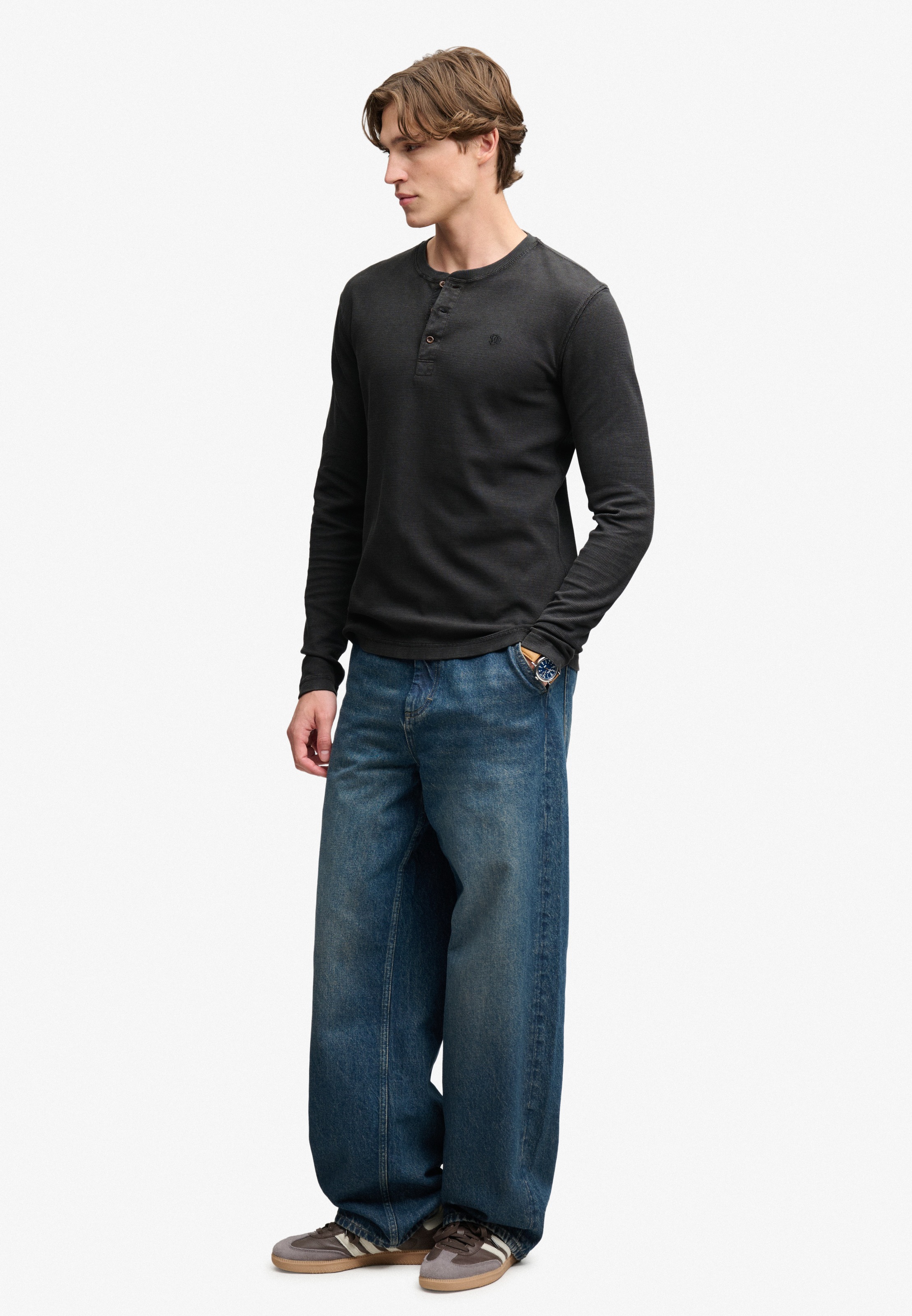 Superdry Langarmshirt »WAFFLE LONG SLEEVE HENLEY TOP« Baumwolle, relaxed fit