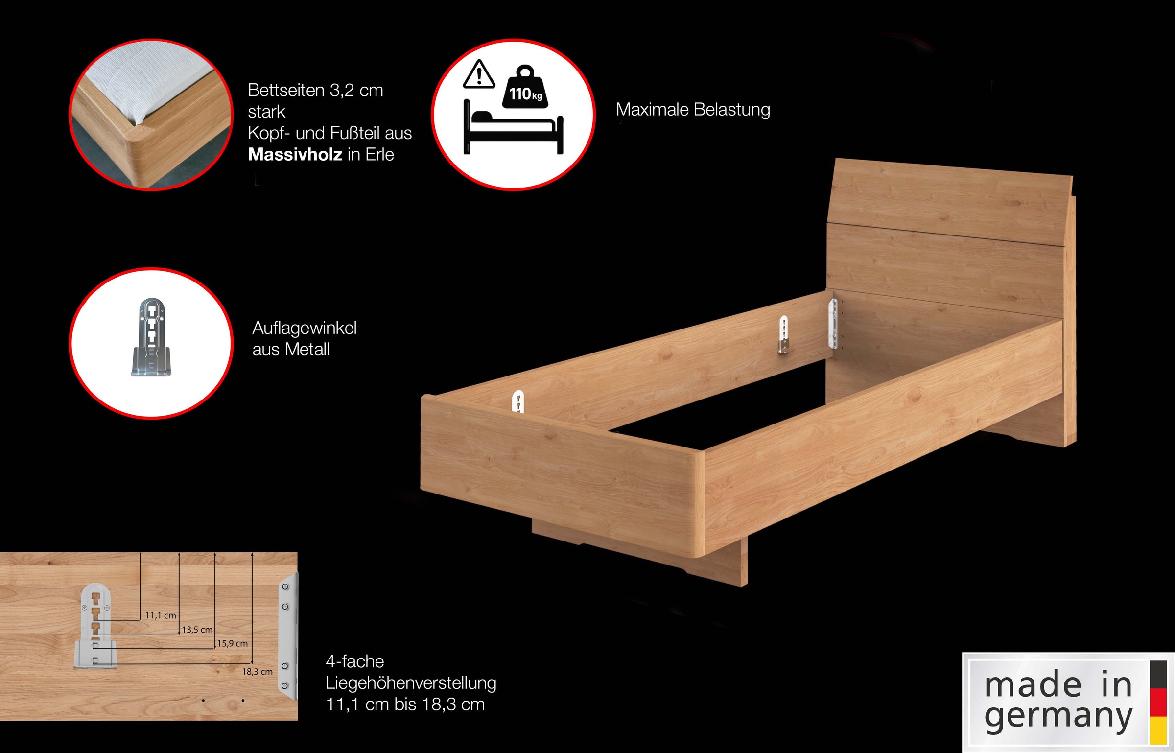 WIEMANN Holzbett »Cardiff, Bettgestell, Bettrahmen, teilmassiv Erle«, (Belastbarkeit 110/220 Kg, 4-fache höhenverstellbar, MADE IN GERMANY), Kopf- und Fußteil aus Massivholz in Erle, verschiedene Größen