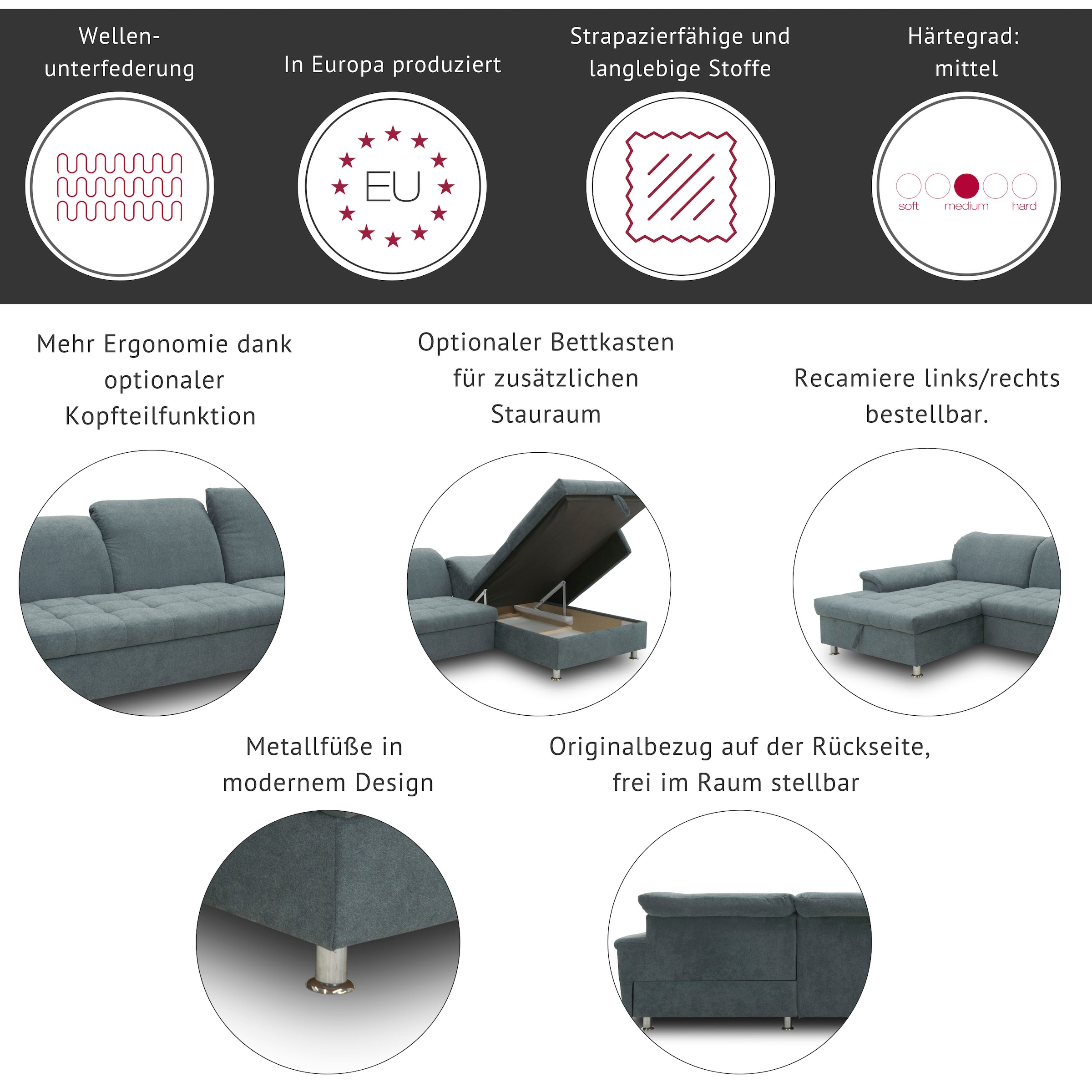 DOMO collection Ecksofa »Franzi Steppung im Sitzbereich B7T/H: 278/162/80 cm,  L-Form« ohne Funktion, Flachgewebe, graphite