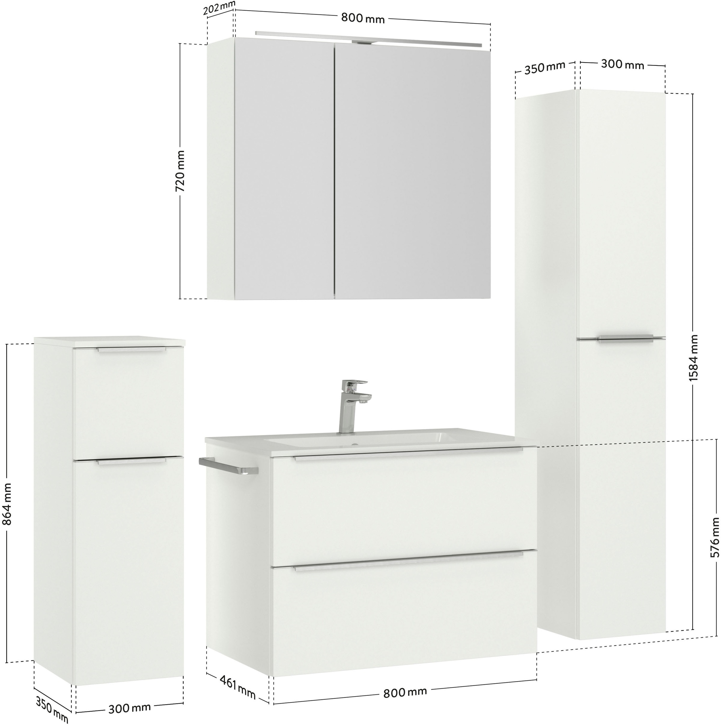 nobilia® Badmöbel-Set »Levere«, (4 St., vormontiert, mit Soft-Close), inkl. Spiegelschrank mit Beleuchtung und Dimmerfunktion, in 4 Breiten