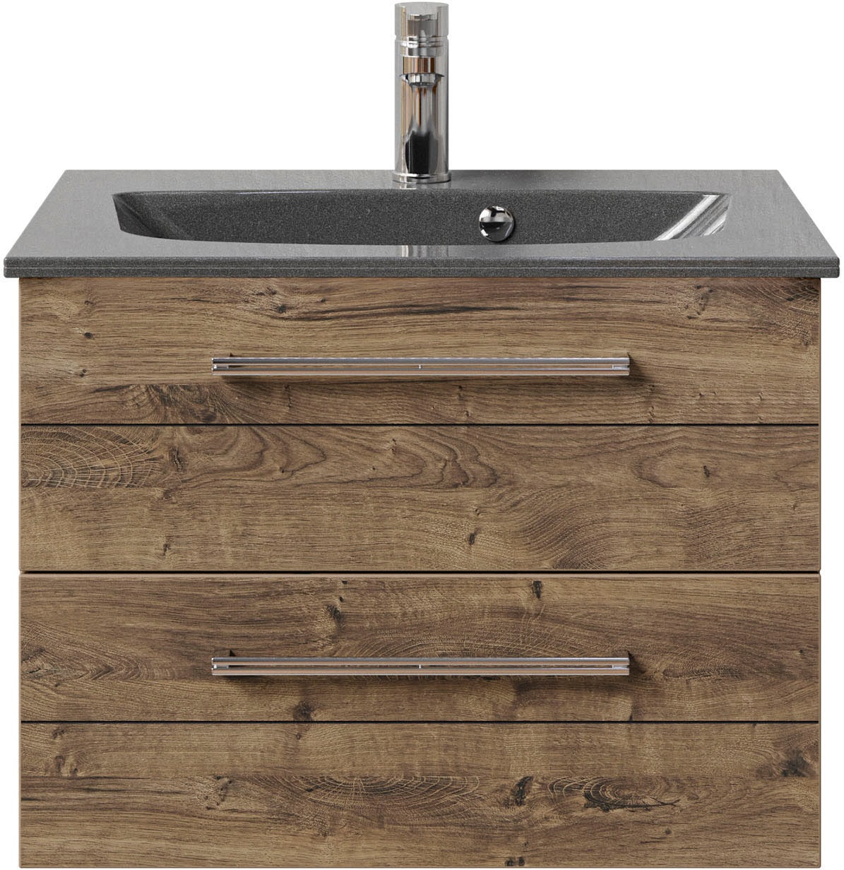 Saphir Badmöbel-Set »Serie 6025 2-teilig Mineralmarmor-Waschtisch mit LED-Spiegelschrank«, (2 St.), Waschplatz 67 cm breit, 2 Schubladen, 2 Spiegel-Türen, inkl Türdämpfer