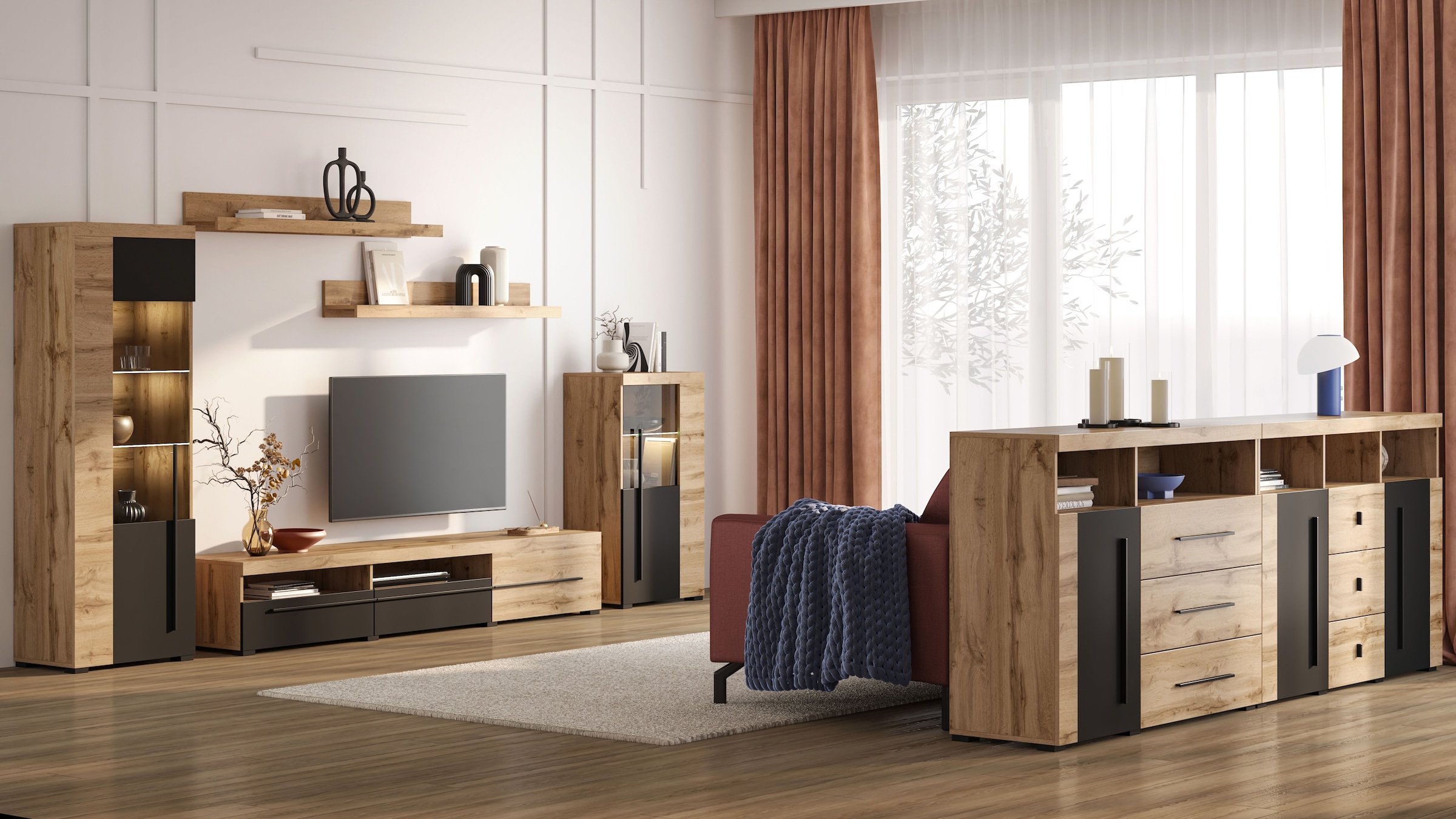 INOSIGN Wohnwand »Roger,Breite 270 cm moderne Mediawand ohne Beleuchtung«, (Set, 5 St.), Anbuwand (Set,5-St) viel Stauraum, Vitrinen mit Glastür