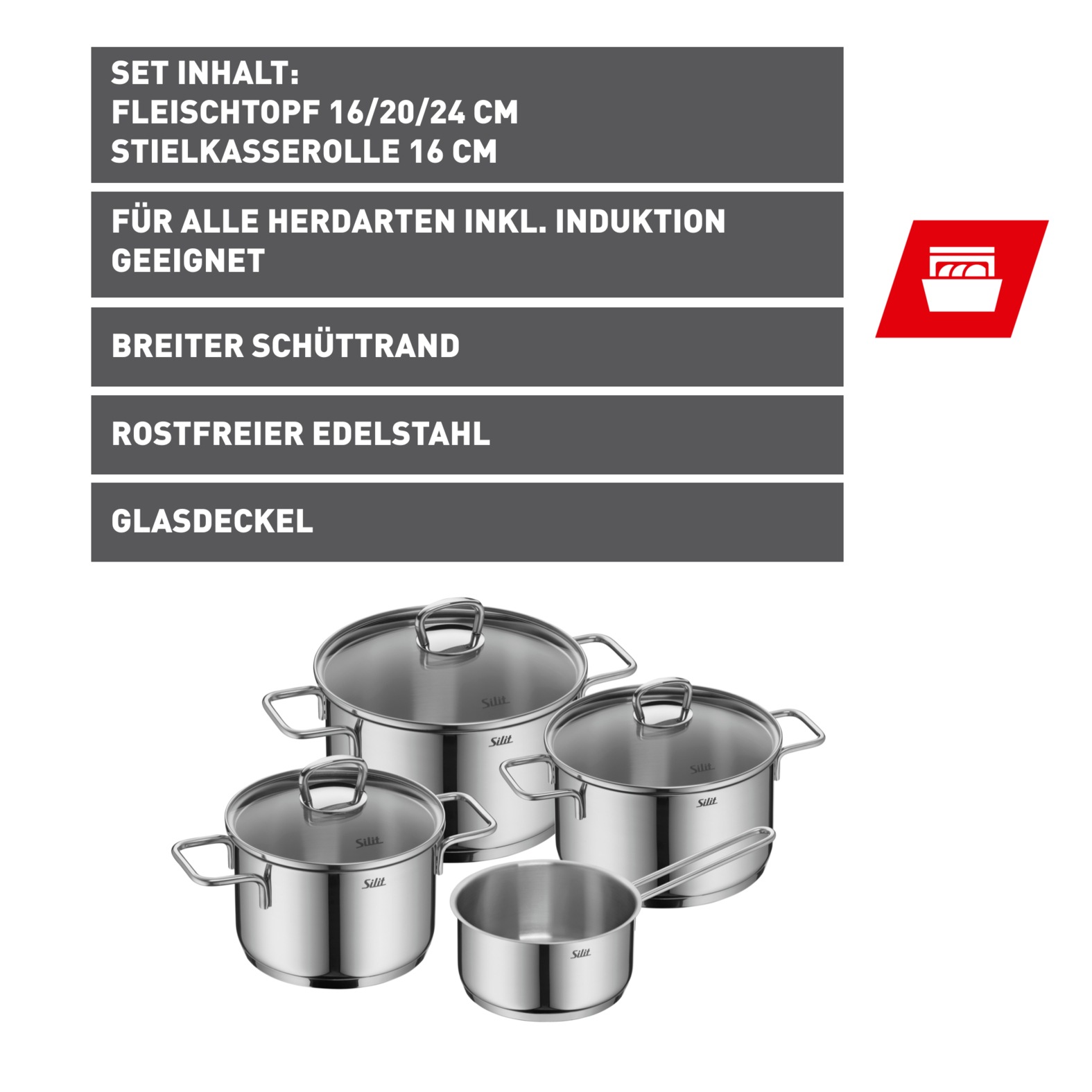 Silit Topf-Set »Alicante« Set, 7 Stk. tlg. Edelstahl 18/10 günstig online kaufen