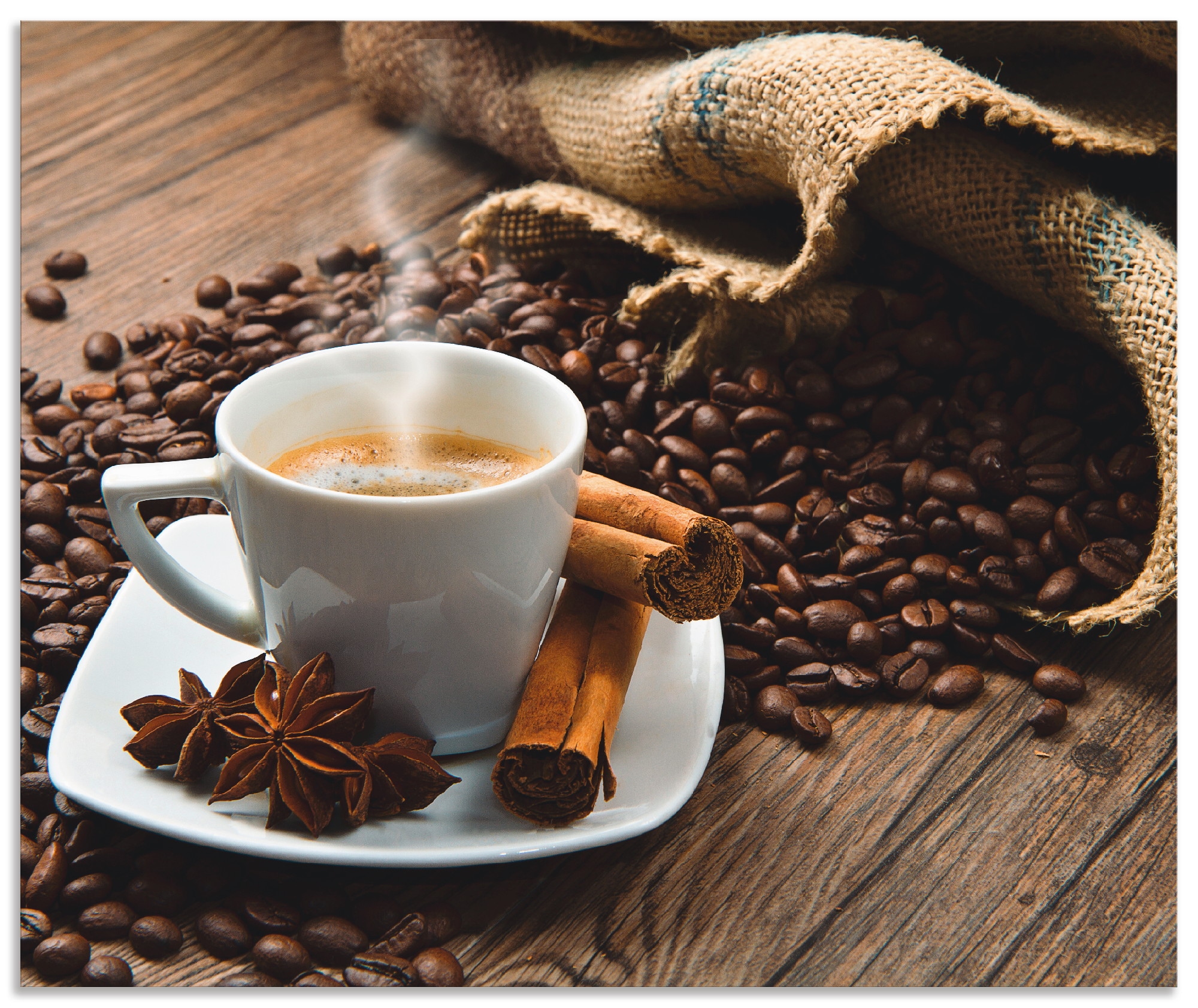 Artland Küchenrückwand »Kaffeetasse Leinensack mit Kaffeebohnen«, (1 tlg.), Alu Spritzschutz mit Klebeband, einfache Montage