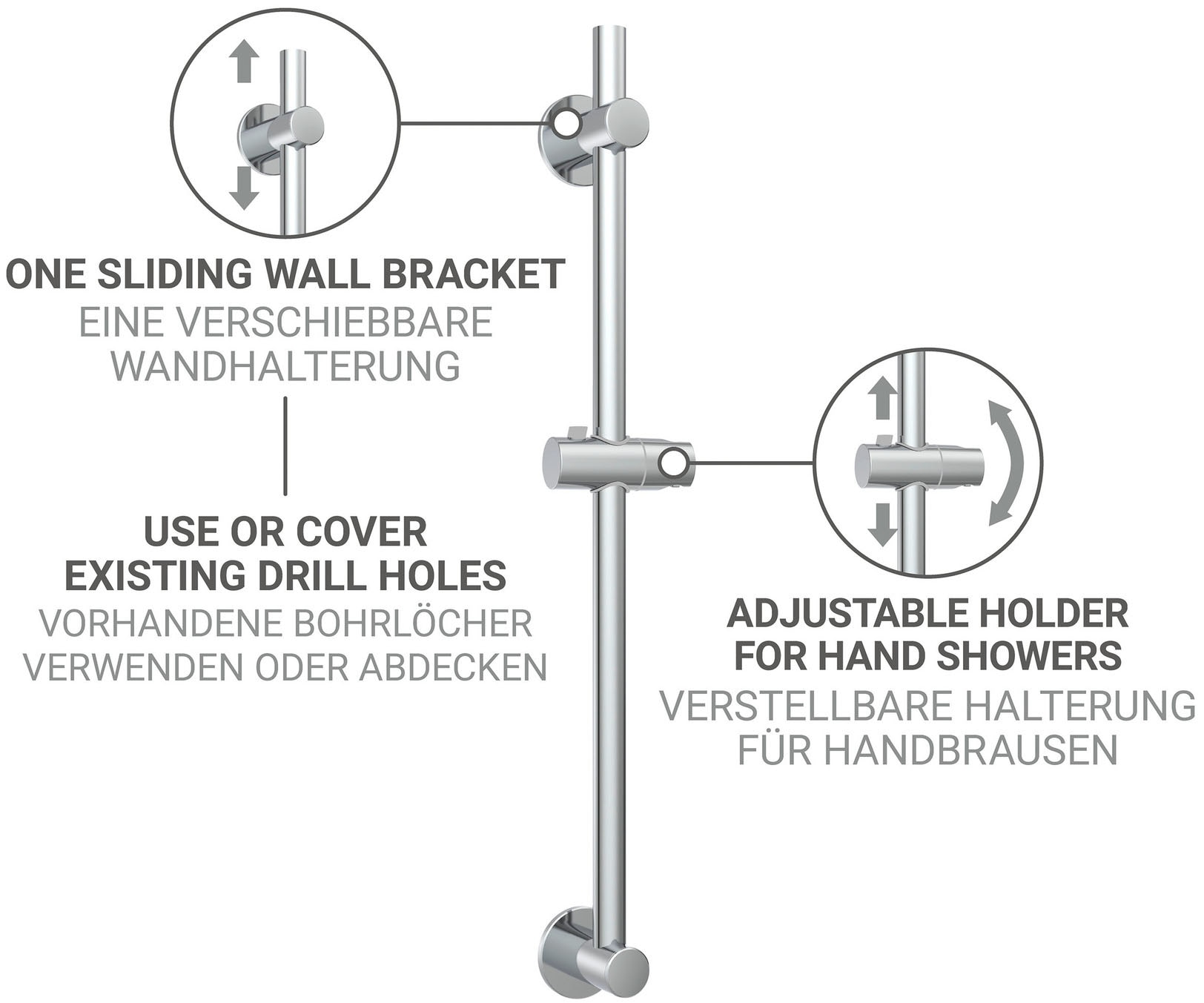 WENKO Duschstange Set,  Brausestange aus Edelstahl, 70 cm, einfache Montage ohne Bohren
