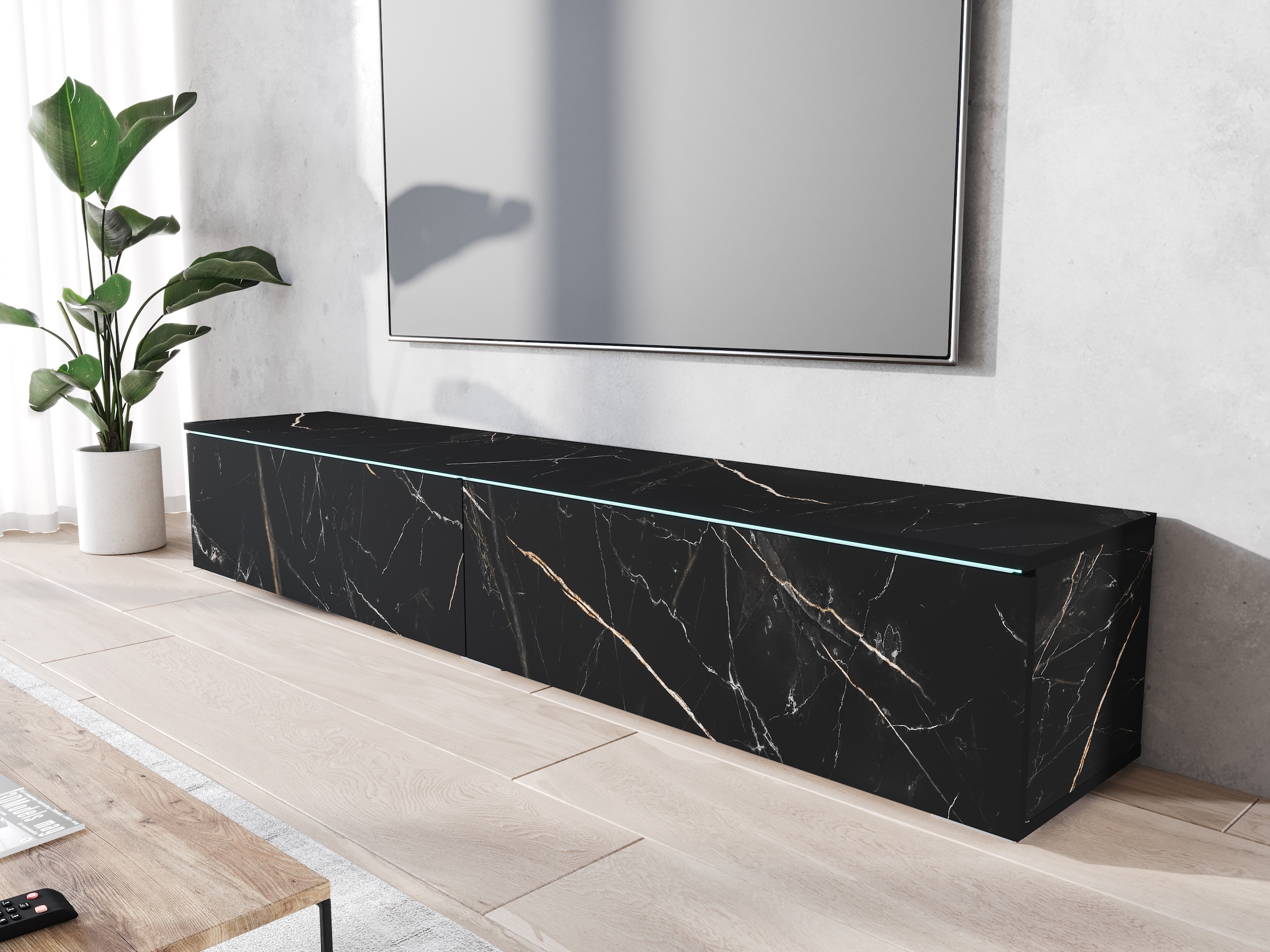 INOSIGN Lowboard »LOWBOARD VERA, wahlweise mit oder ohne Beleuchtung«, Modernes griffloses TV-Board, 180 cm TV-Schrank, stehend und hängend
