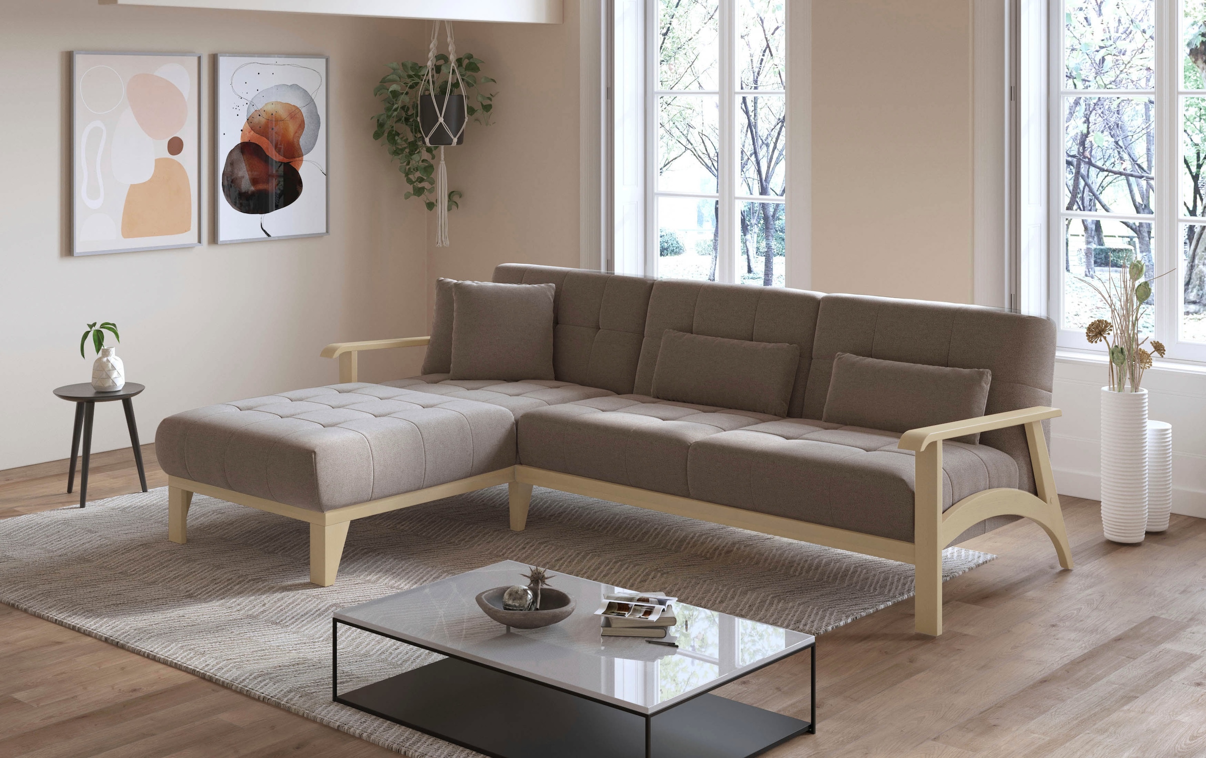 sit&more Ecksofa »Billund L-Form«, Armlehnen aus Buchenholz in natur, verschiedene Bezüge und Farben