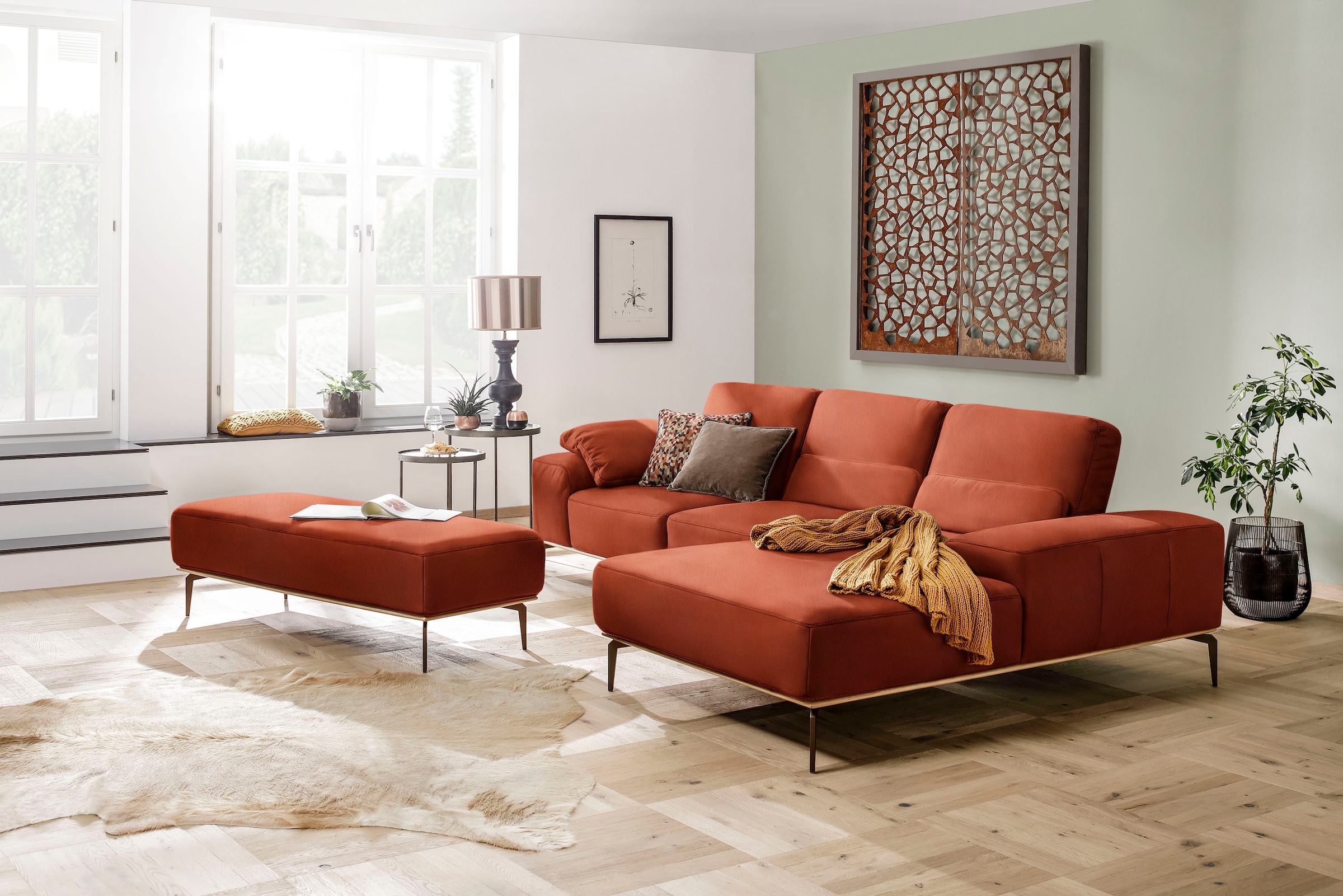 W.SCHILLIG Ecksofa »run, Designsofa mit tollem Sitzkomfort, L-Form«, mit Holzsockel, Füße in Bronze pulverbeschichtet, Breite 299 cm
