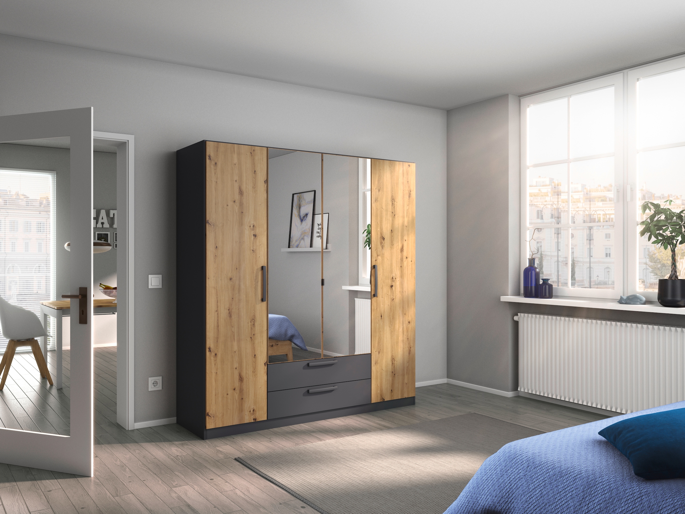 rauch Drehtürenschrank »StyleUp«, Typ Dark & Wood mit trendigen farblich abgesetzten Griffen