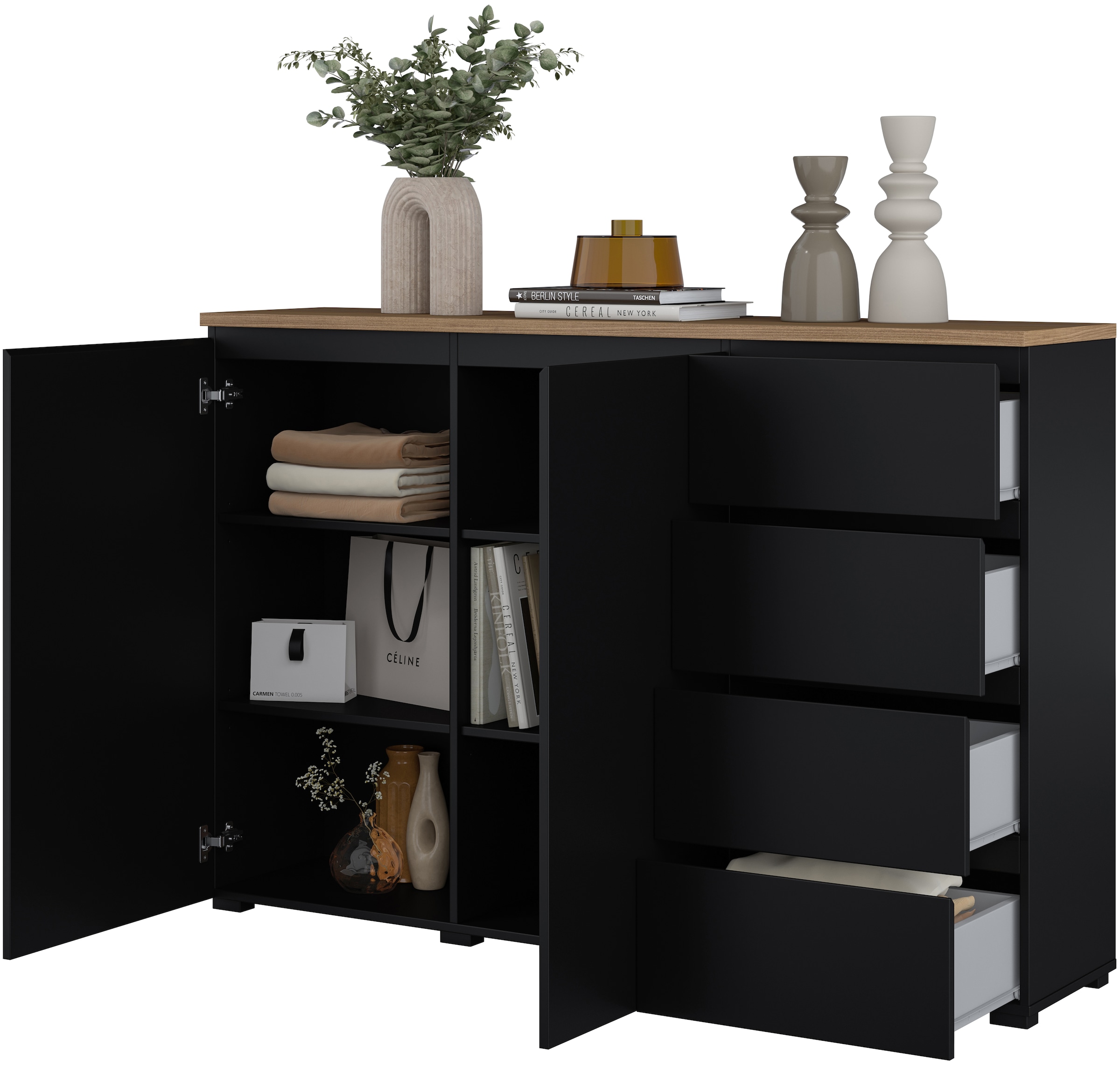 OTTO home Highboard »Modo, Breite 150 cm, moderne grifflose Kommode 2Türen/4 SK« Schubladenkommode mit viel Stauraum, Einlegeböden verstellbar