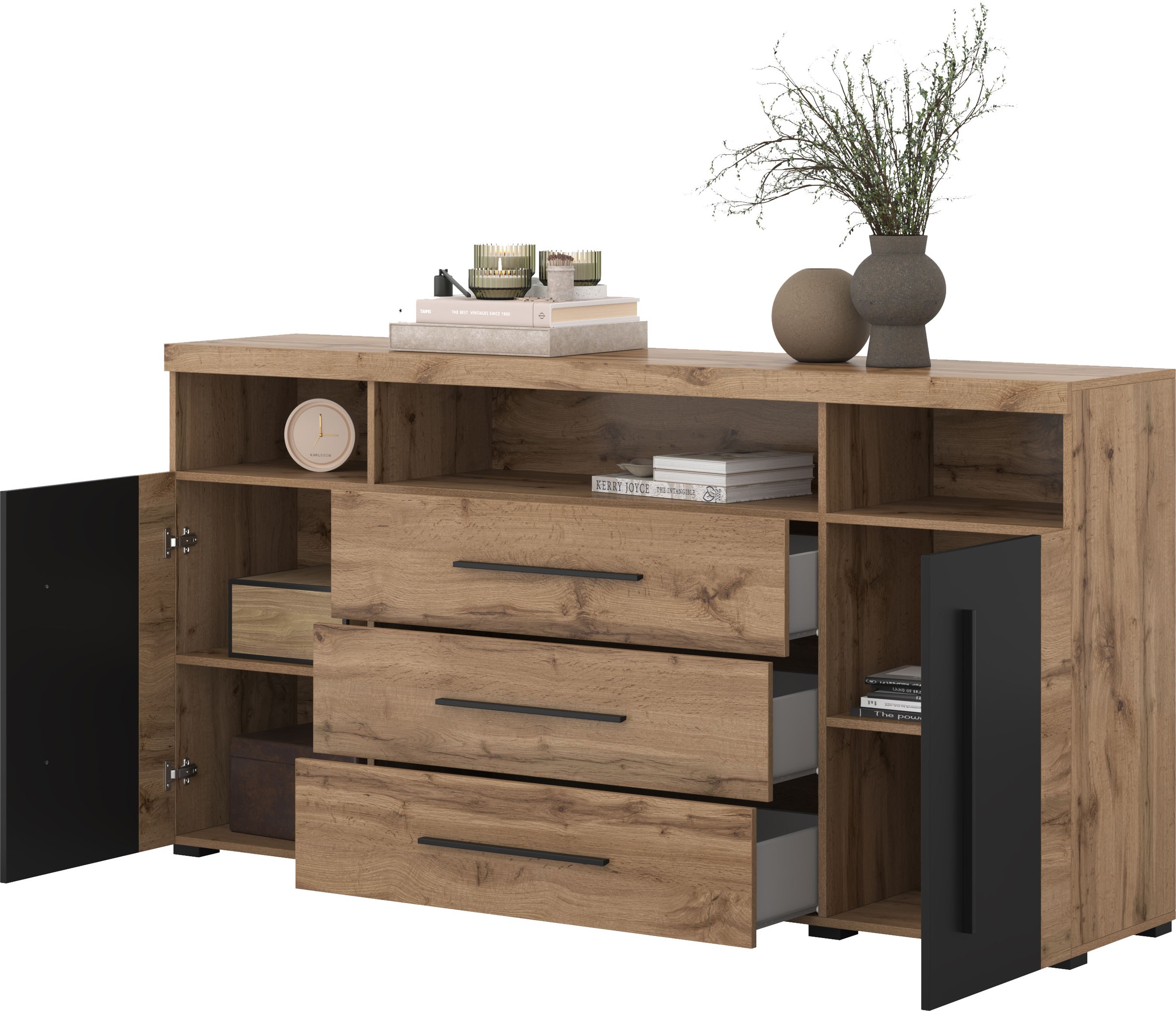 INOSIGN Sideboard »Roger,Breite 182cm, stilvolle Schrank, 2 Holztüren 3 Schubladen«, Kommode mit viel Stauraum, Einlegeböden verstellbar