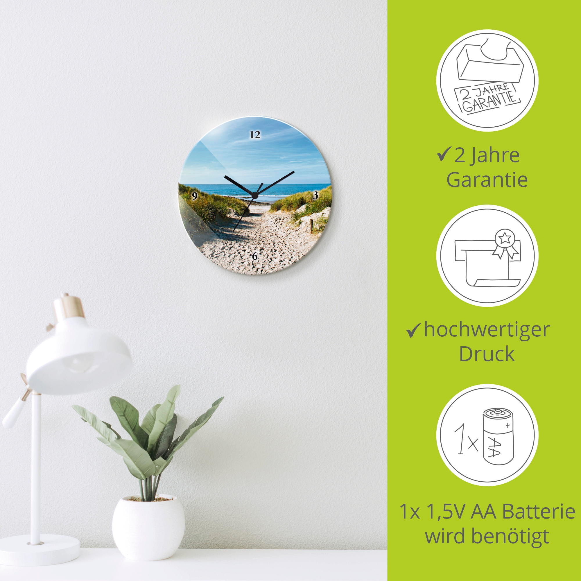 Artland Wanduhr »Strand mit Sanddünen und Weg zur See« wahlweise mit Quarz- oder Funkuhrwerk, lautlos ohne Tickgeräusche