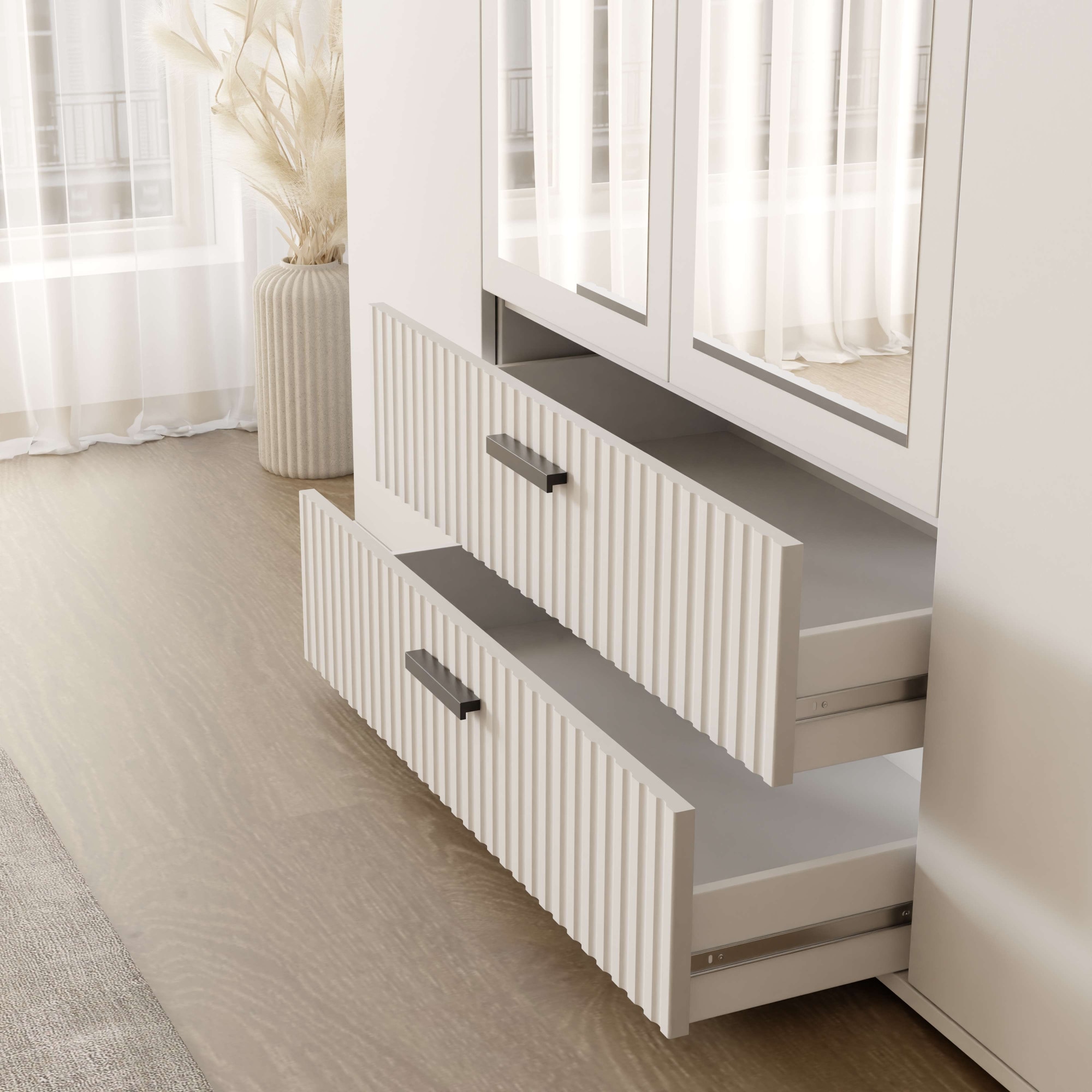 OTTO home Kleiderschrank »KOLLINE, modern mit viel Stauraum & geriffelter Struktur« H/B/T ca. 190/180/52cm,  Garderobe 4 Fächer, Kleiderstange, 2 Schubladen, 2 Spiegel