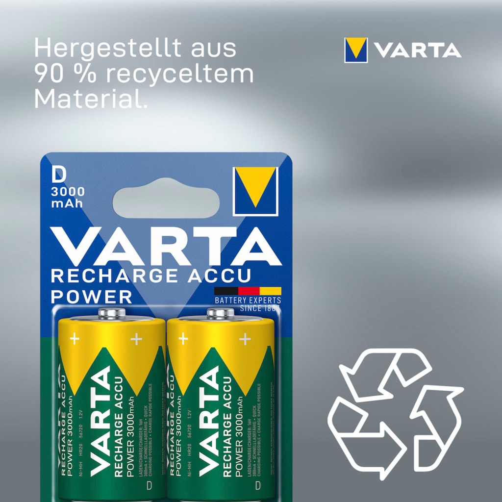 VARTA Batterie »RECHARGE ACCU Power vorgeladener D Mono NiMH Akku (2er Pack, 3000mAh)«, 1,2 V, (2 St.)