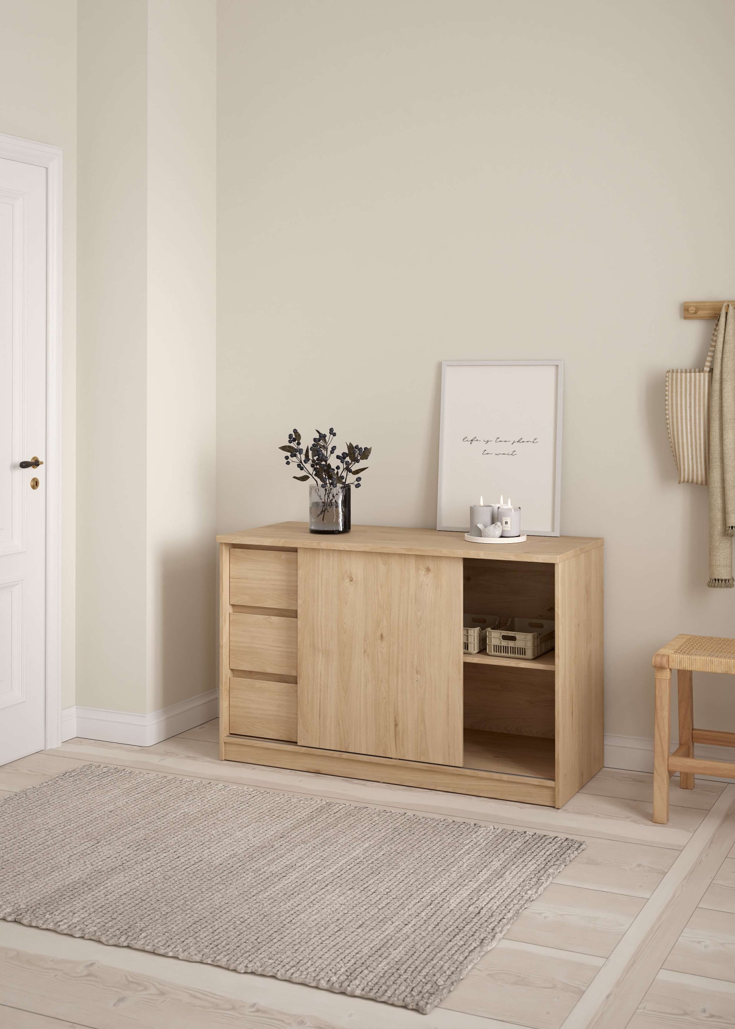 INOSIGN Sideboard »Naia Aufbewahrung, Schuhkommode, Stauraumkommode, Schuhschrank,«, Kommode mit 1 Schiebetür und 3 Schubladen, Breite 119 cm, Höhe 76 cm
