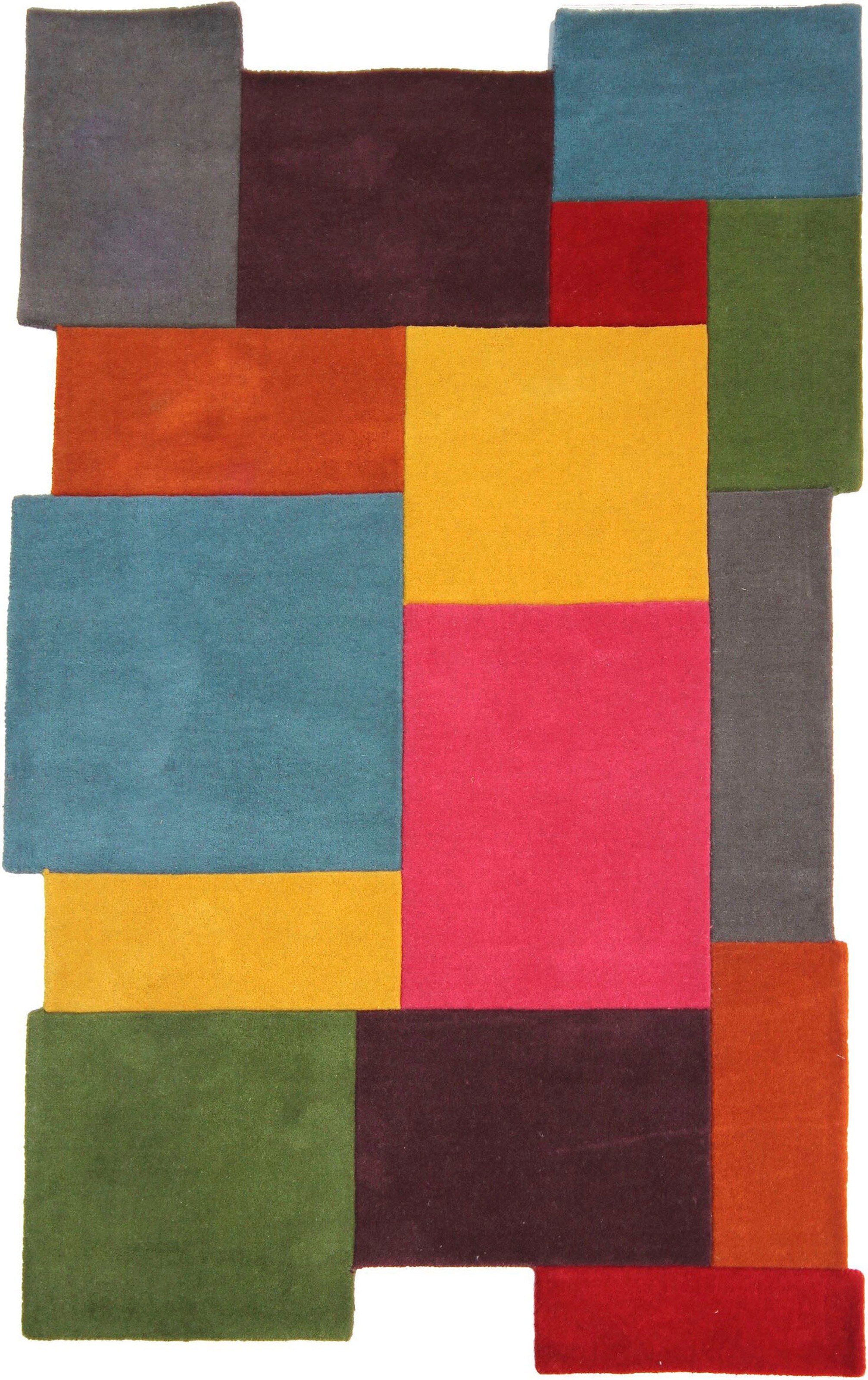 FLAIR RUGS Wollteppich »Abstract Collage«, rechteckig, 11 mm Höhe, 100% Wolle, Karo Design, Patchwork, modern, mehrfarbig