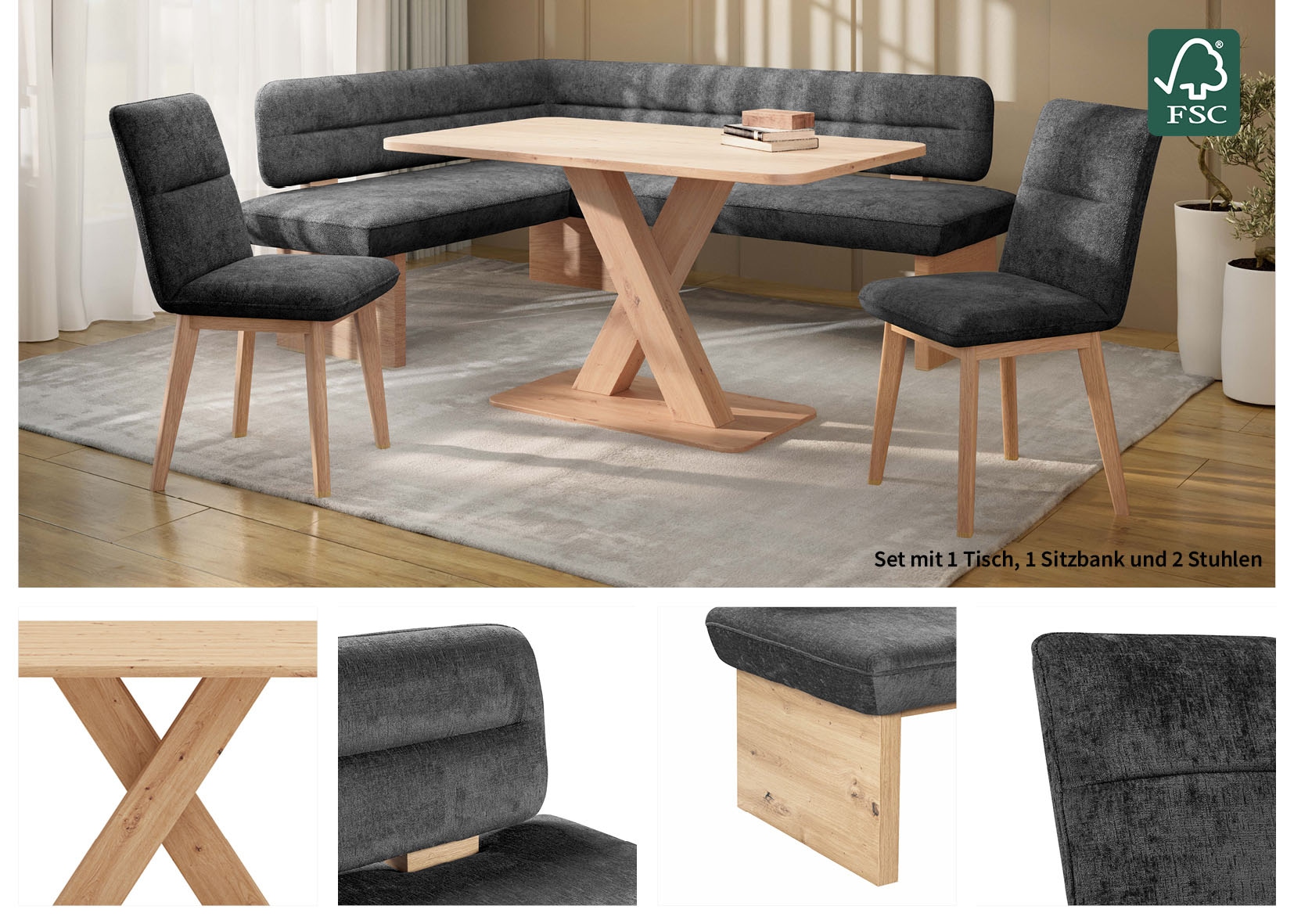Home affaire Eckbankgruppe »Louise + Miles Essecke Sitzgruppe Eckbank Küchenbank«, (Set, 4 tlg., 4er), Sitzgruppe Esszimmer Stühle Tisch und Bank bequem gepolstert