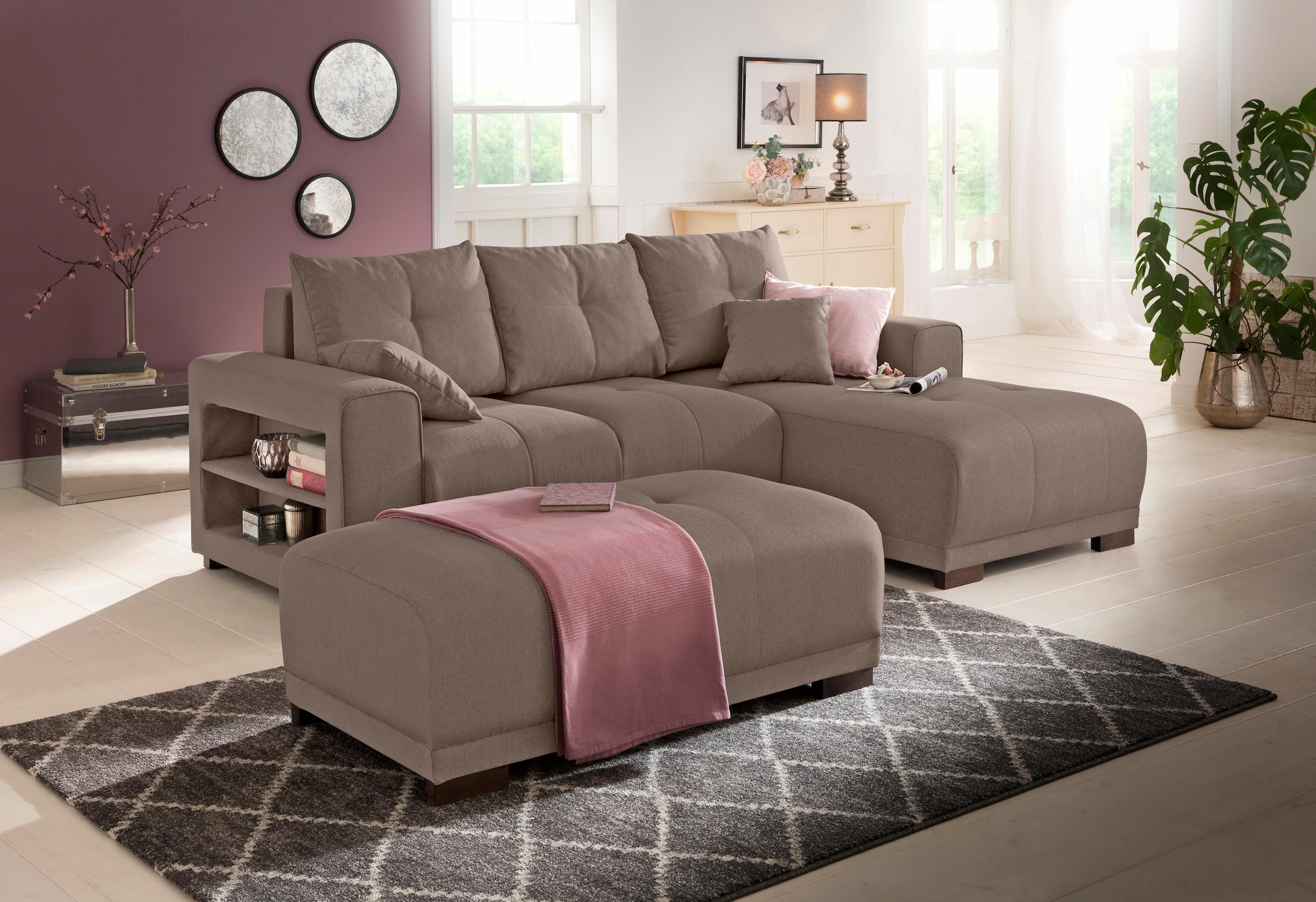 Home affaire Ecksofa »Viborg L-Form«, mit Regal in der Armlehne, wahlweise mit Bettfunktion