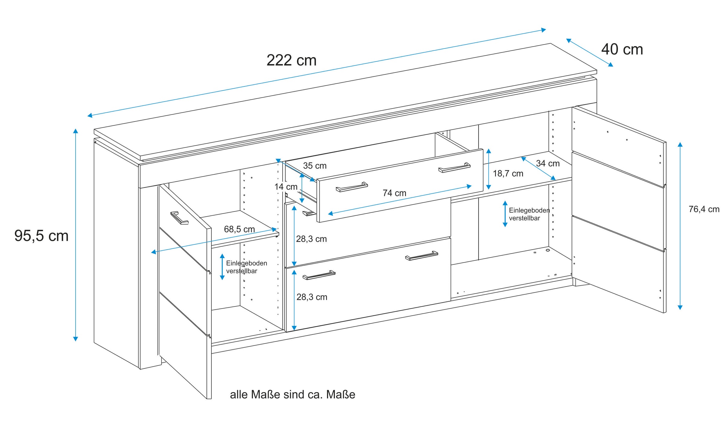 VOGL Möbelfabrik Sideboard, Breite 222 cm