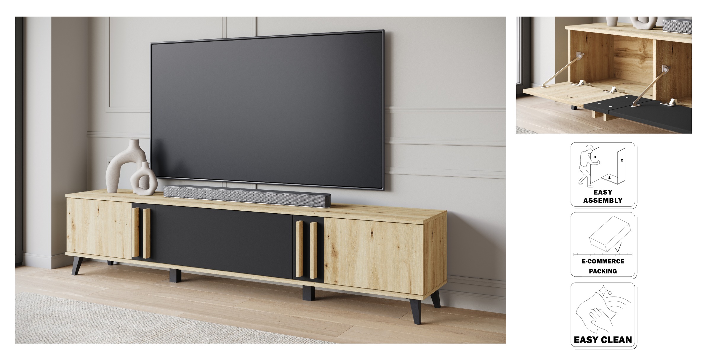 INOSIGN Lowboard »Helsinki, TV-Kommode Breite 180cm«, (1 St.), modernes Design, 3 Klapptüren