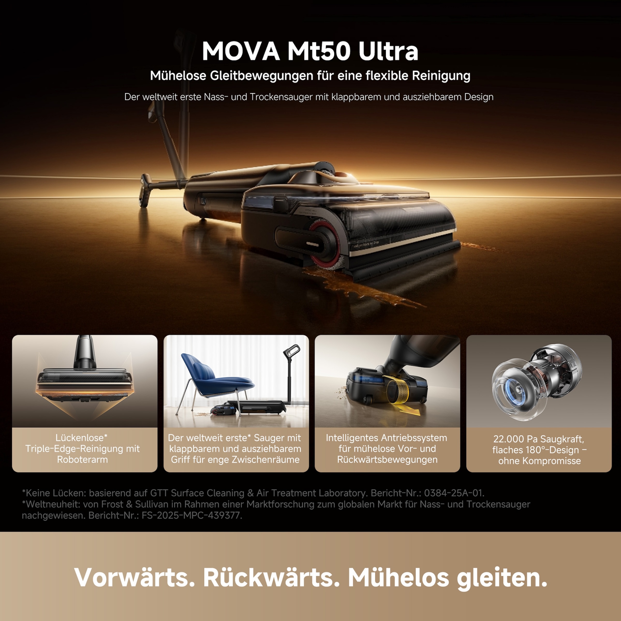 Mova Nass-Trocken-Sauger »M50 Ultra, KI-Reinigung,« Klappbares 180°-Design, selbstreinigende Bürste, 22.000Pa Saugkraft