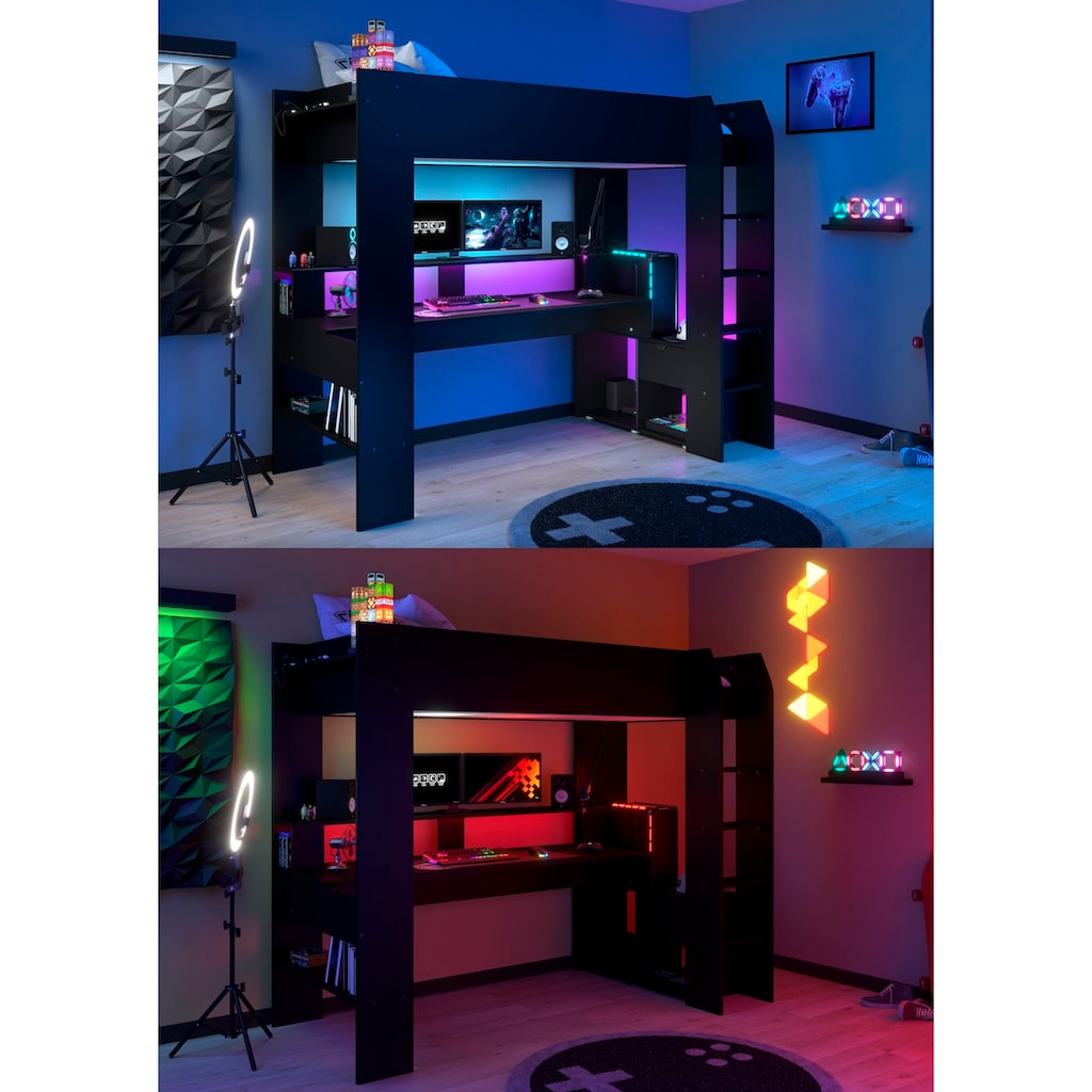 Parisot Hochbett »Gaming-Bett, mit Schreibtisch, USB Anschluss, LED, viel Stauraum«, ideal für kleine Räume, TOPSELLER!