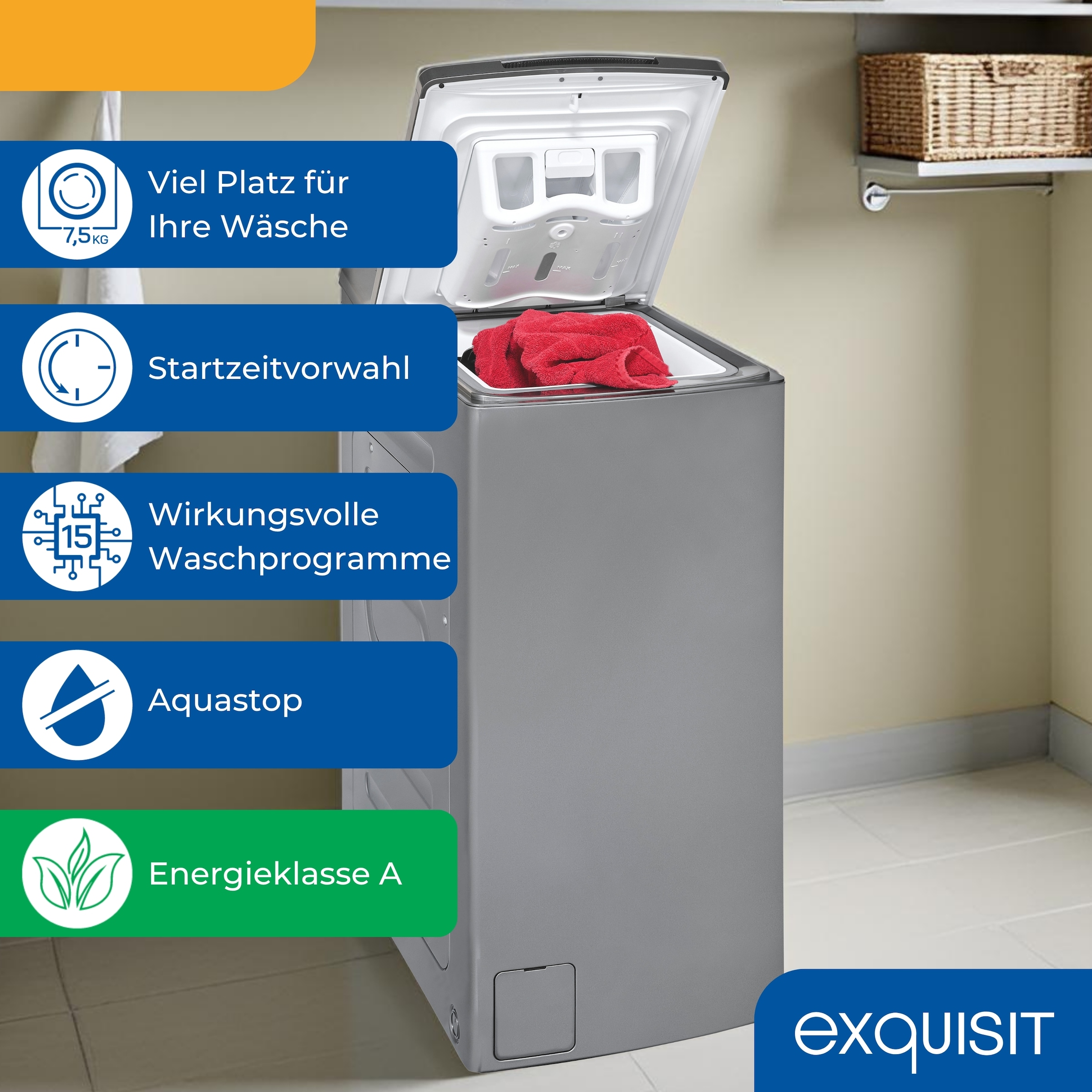 exquisit Waschmaschine »LTO1207-030A silber-dunkel«, 7,5 kg, 15 Programme, Restlaufzeitanzeige, Kindersicheruing