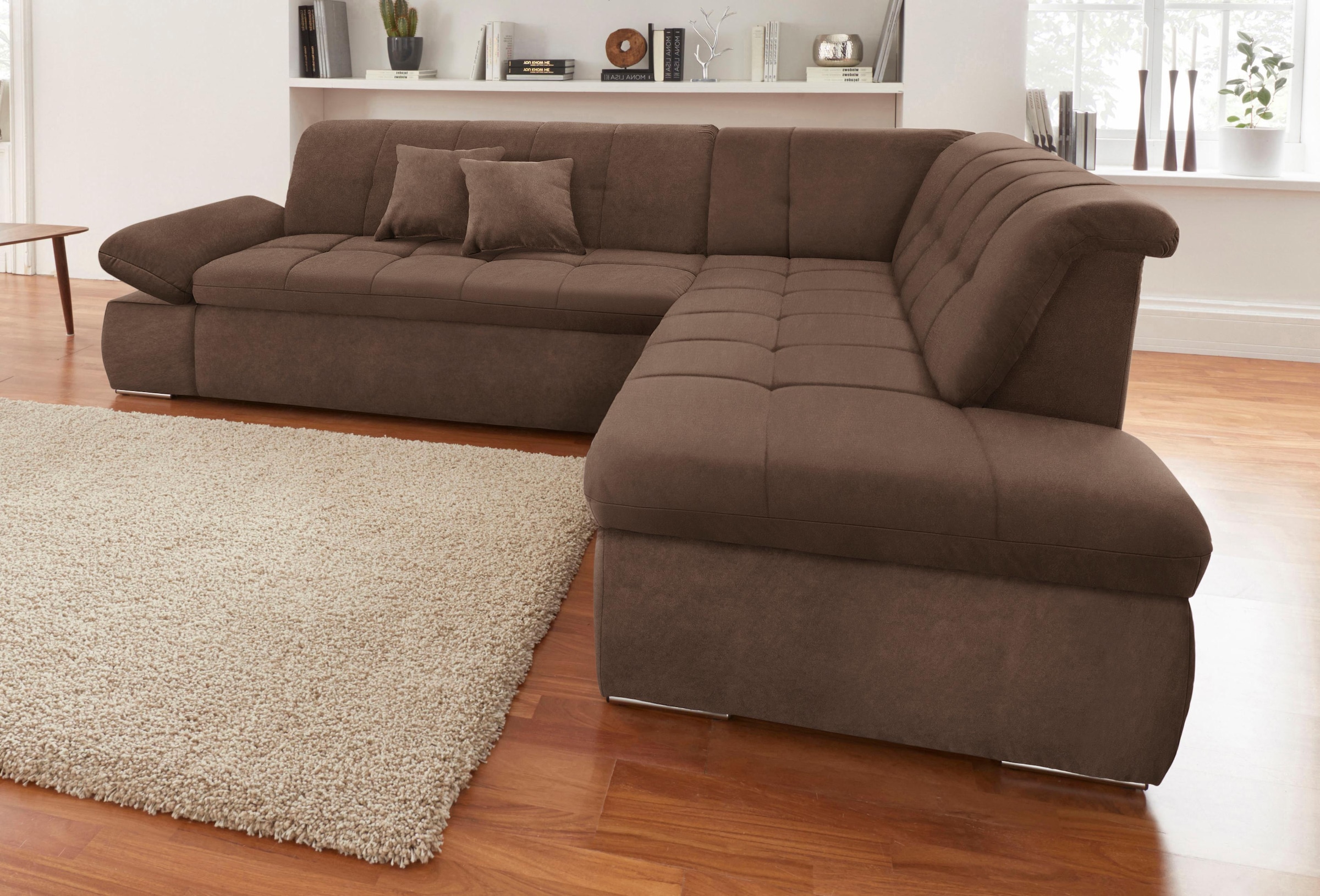 DOMO collection Ecksofa »NMoric incl. Zierkissen B/T/H: 273/216/80 cm L-Form«, Ottomanen-Abschluss, wahlweise mit Bettfunktion und Armlehnverstellung