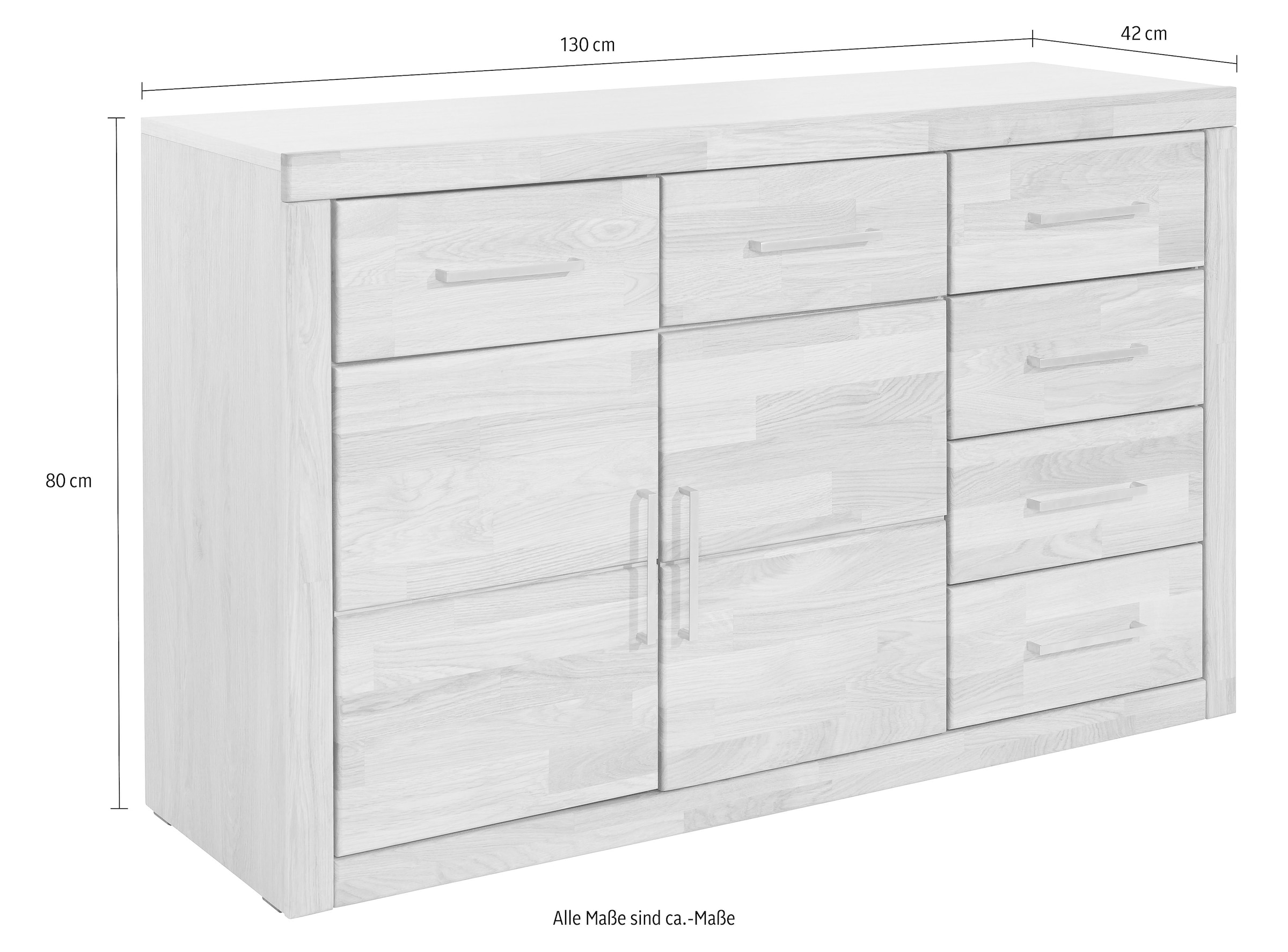 Home affaire Sideboard »Trondheim,130cm breit,42 cm tief, Fronten Holzmassiv, Metallgriffe«, Korpus aus Holzwerkstoff,2 Türen, 2 breite Fächer,5 Schubladen