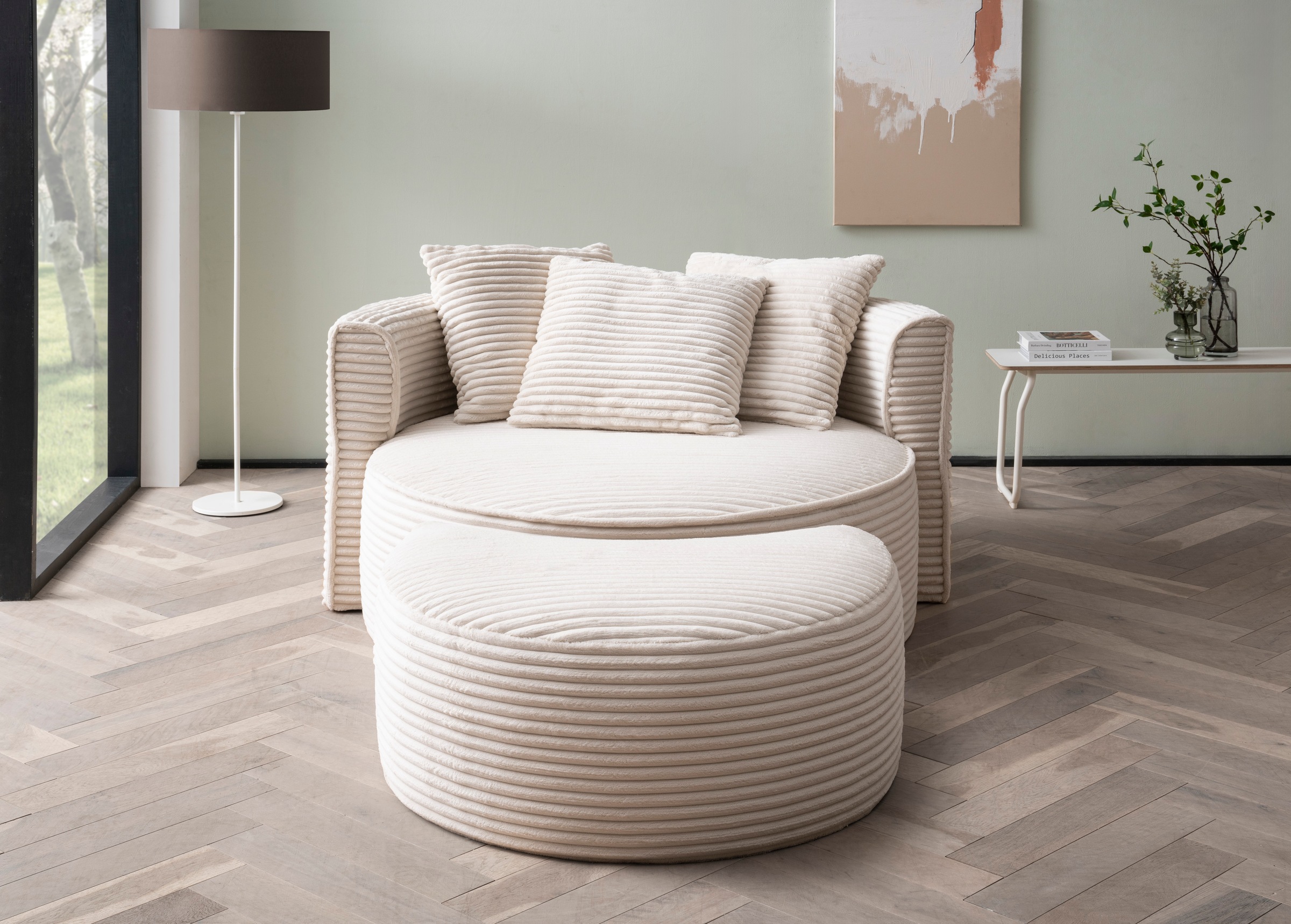 LeGer Home by Lena Gercke XXL-Sessel »ISALIE, Rundsessel mit Hocker, Lesesessel, Loveseat, Big-Sessel«, (Set), trendige Stoffe, mit 3 Zierkissen, große Sitzfläche