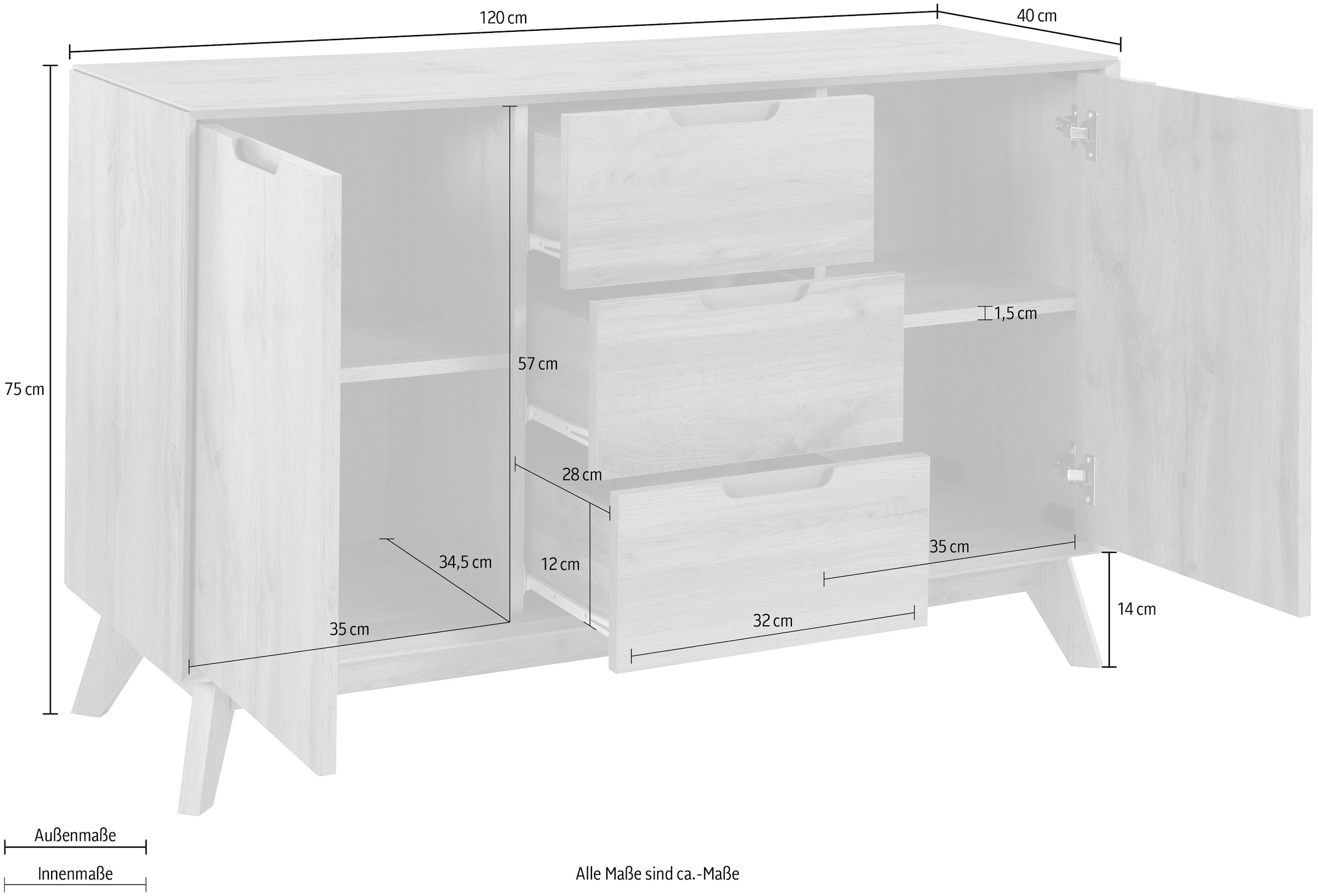 andas Sideboard »Pandrup«, mit 3 Schubkästen und 2 verstellbare Einlegeböden, B:120 cm, H:75 cm