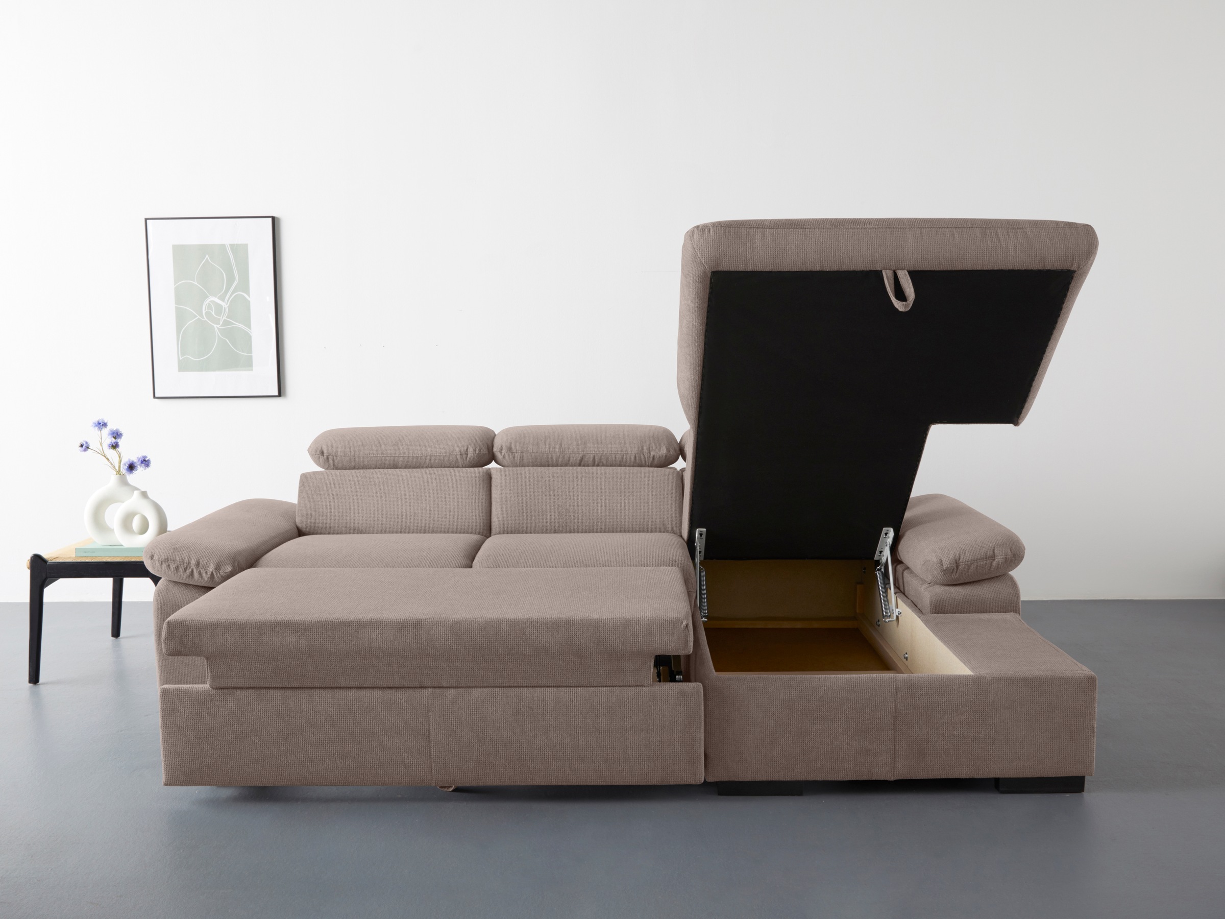 COTTA Ecksofa »Lola L-Form mit Kopfteilfunktion & Hocker«, (Set, mit Hocker), wahlweise mit Bettfunktion, Bettkasten & Armteilverstellung