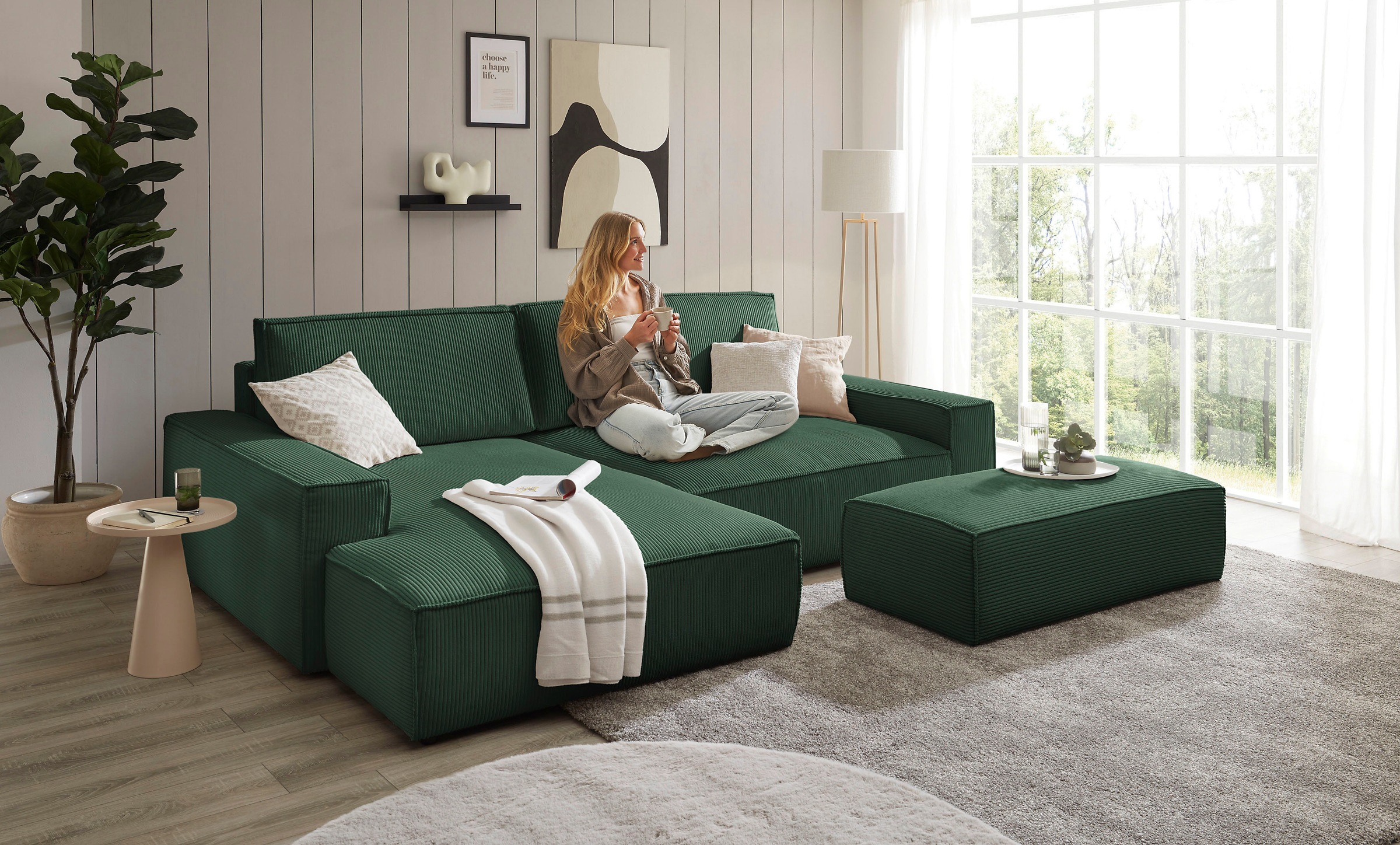 Home affaire Polsterecke »NEU: SHERWOOD XXL tief, L-Form mit Schlaffunktion, Big-Sofa mit Hocker«, (Set, 2 St.), stellbar zum Schlafsofa (Krokodilverbinder), Cord, Leinenoptik