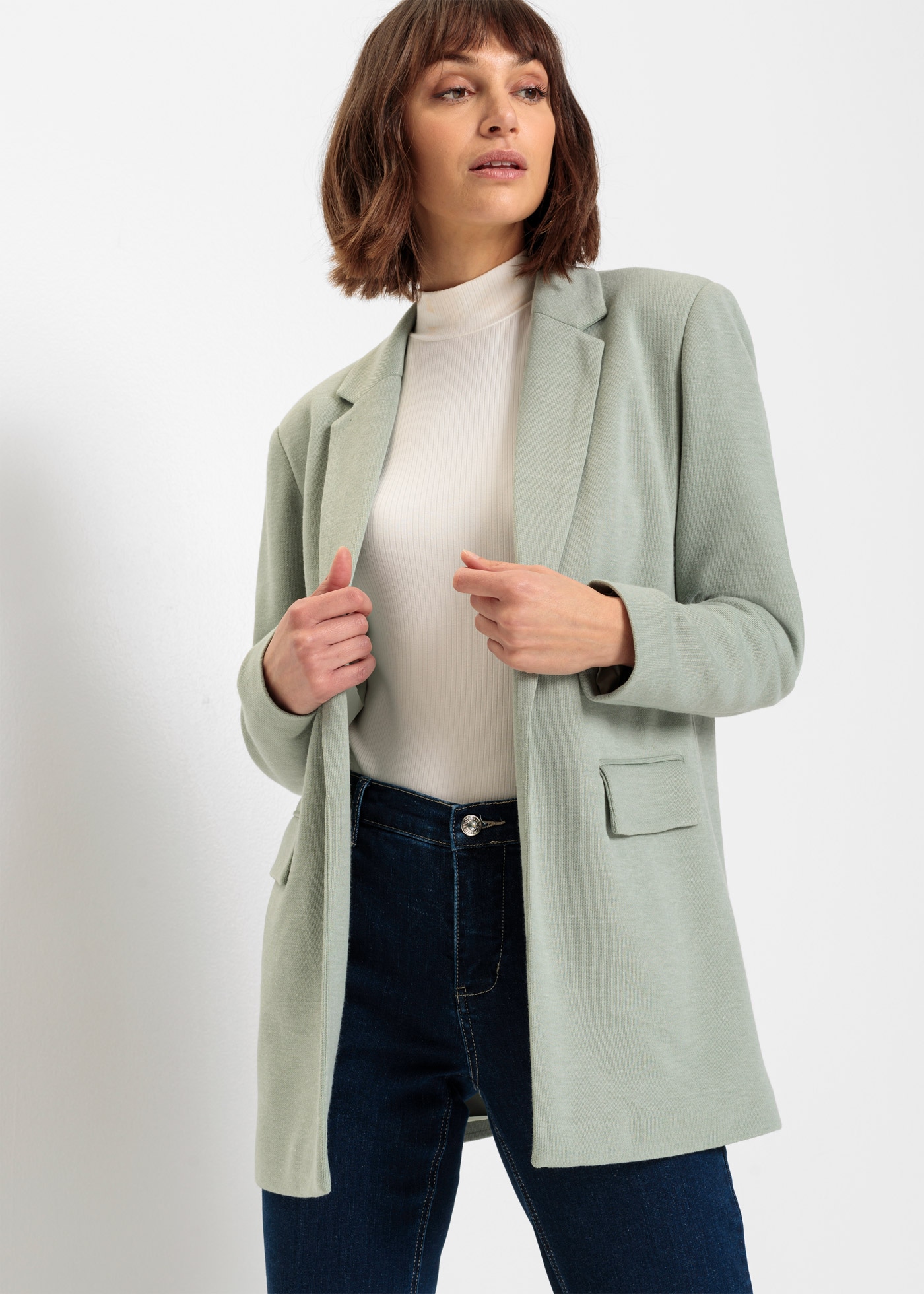 bonprix Jerseyblazer »Langer Jersey-Blazer mit Taschen« 1 mit Reverskragen, lockere Passform, aus Viskose und Polyester