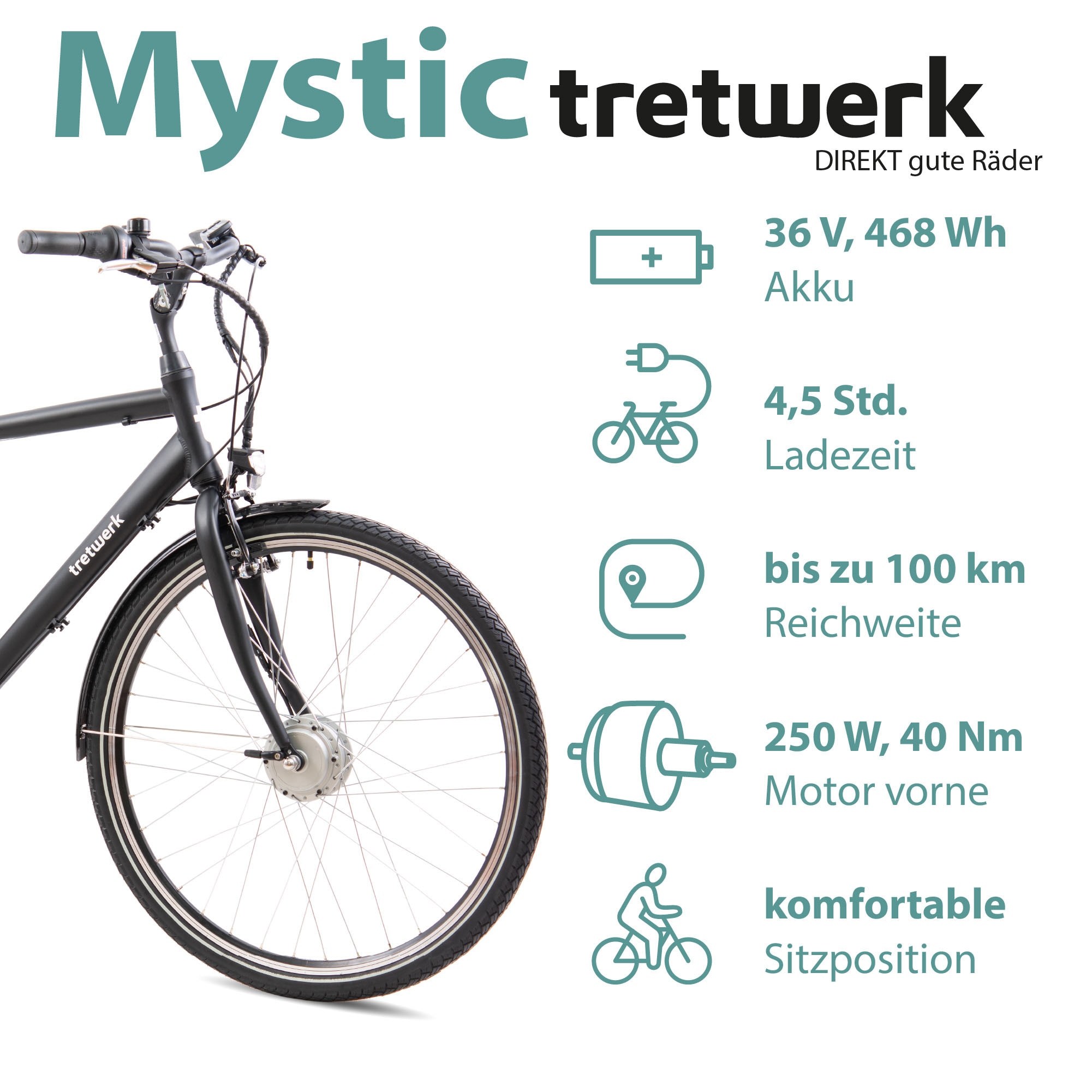 Tretwerk E-Bike »Mystic«, 7 Gang, Frontmotor 250 W, Pedelec, Elektrofahrrad für Damen u. Herren