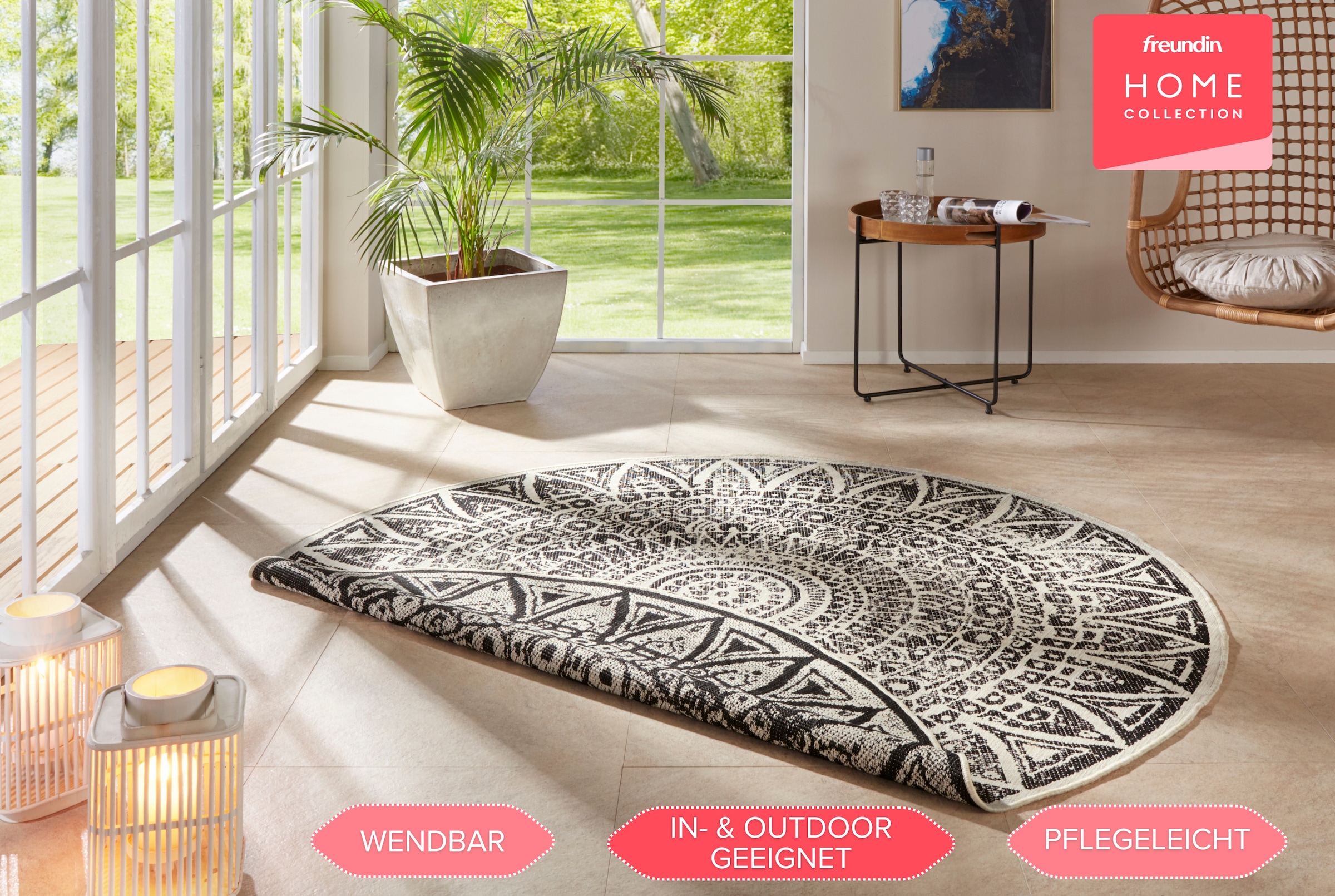 freundin Home Collection Teppich »Lilja Wendeteppich«, rund, 5 mm Höhe, In-& Outdoor, beidseitig, Wetterfest, Balkon, Garten, Wohnzimmer