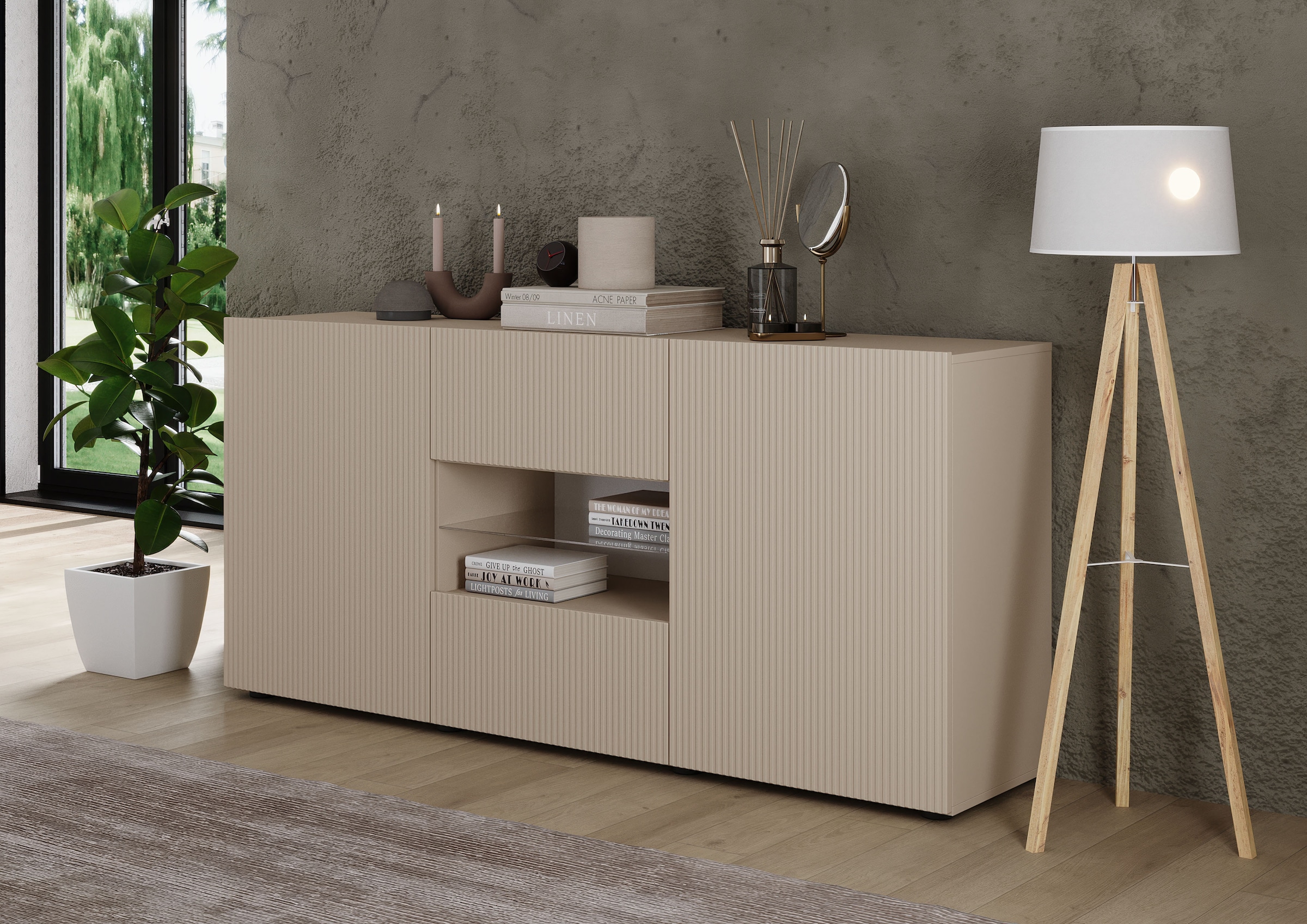 INOSIGN Sideboard »Rio Breite 181 cm, Kommode mit 2 Türen u. 2 Schubkästen,«, Anrichte, geriffelte Front, modern u. elegant, viel Stauraum