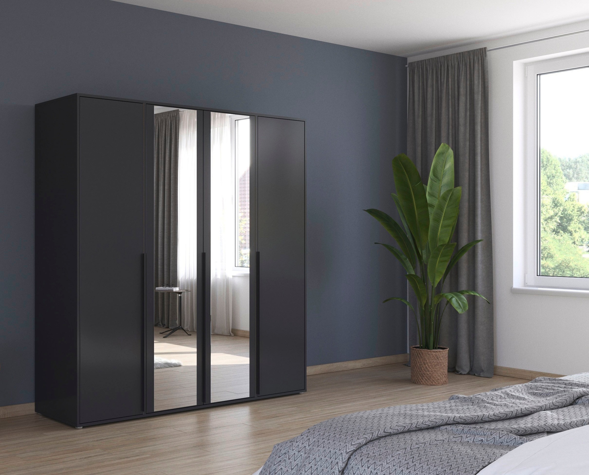rauch Drehtürenschrank »Kleiderschrank Schrank Garderobe Wäscheschrank NAGATA mit Spiegel«, (in 3 verschiedenen Ausstattungen BASIC/CLASSIC/PREMIUM), und modernen Stangengriffen in Graumetallic TOPSELLER MADE IN GERMANY