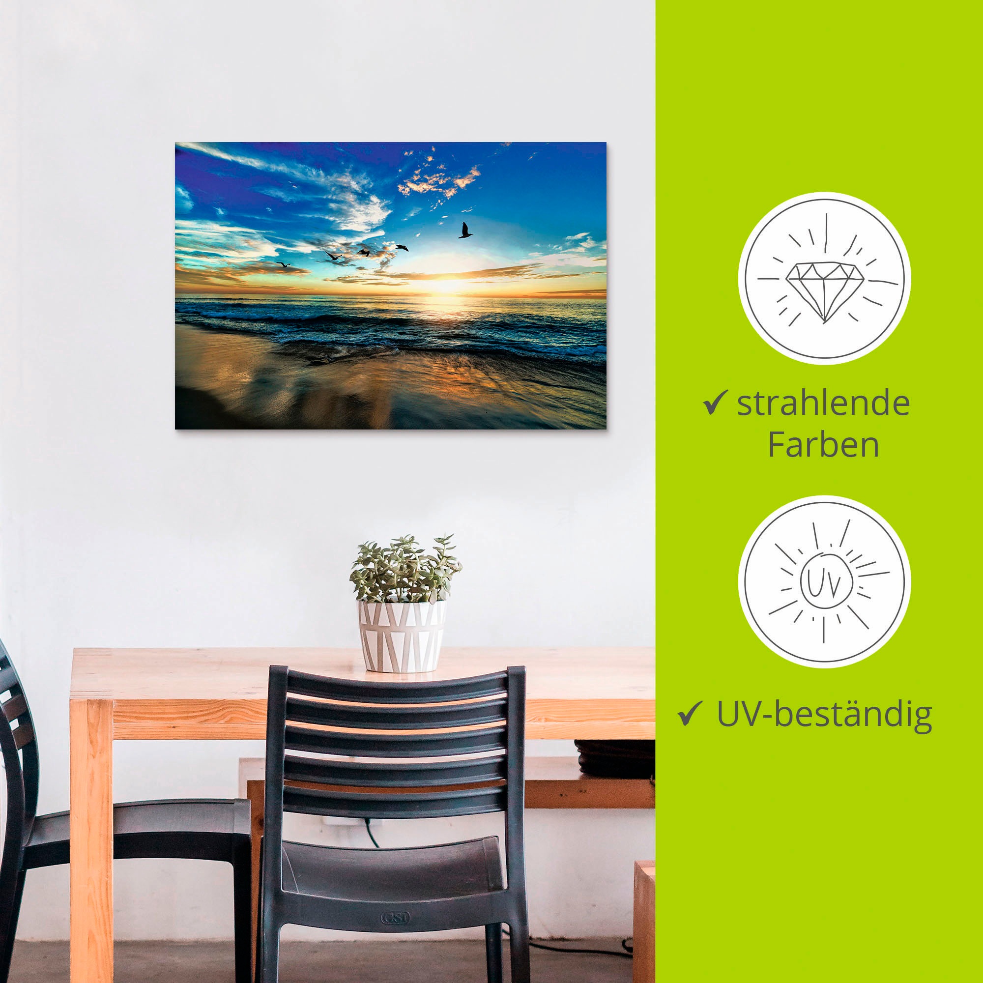 Artland Wandbild »Strand Möwen Meer Sonnenuntergang«, Sonnenaufgang & -untergang, (1 St.), als Alubild, Outdoorbild, Leinwandbild, Poster, Wandaufkleber