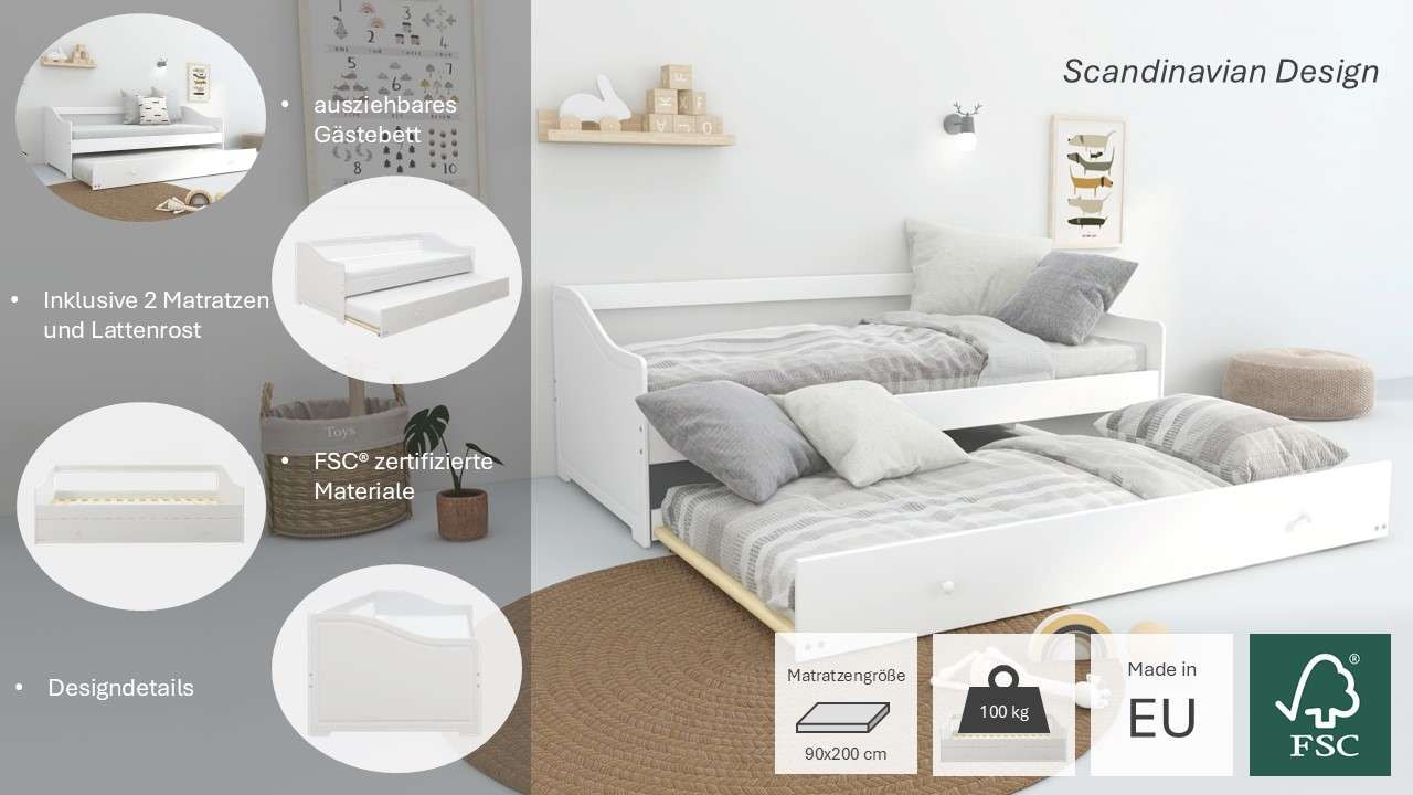Home affaire Daybett »Arlo, inklusive 2 Matratzen + Lattenroste, Jugendbett, Gästebett,«, (Set, 5 tlg., Daybett inklusive 2-ter Schafgelegenheit, 2 Lattenroste, 2 Matratzen), 2 Schlafplätze, als Sofa nutzbar, Komplettbett
