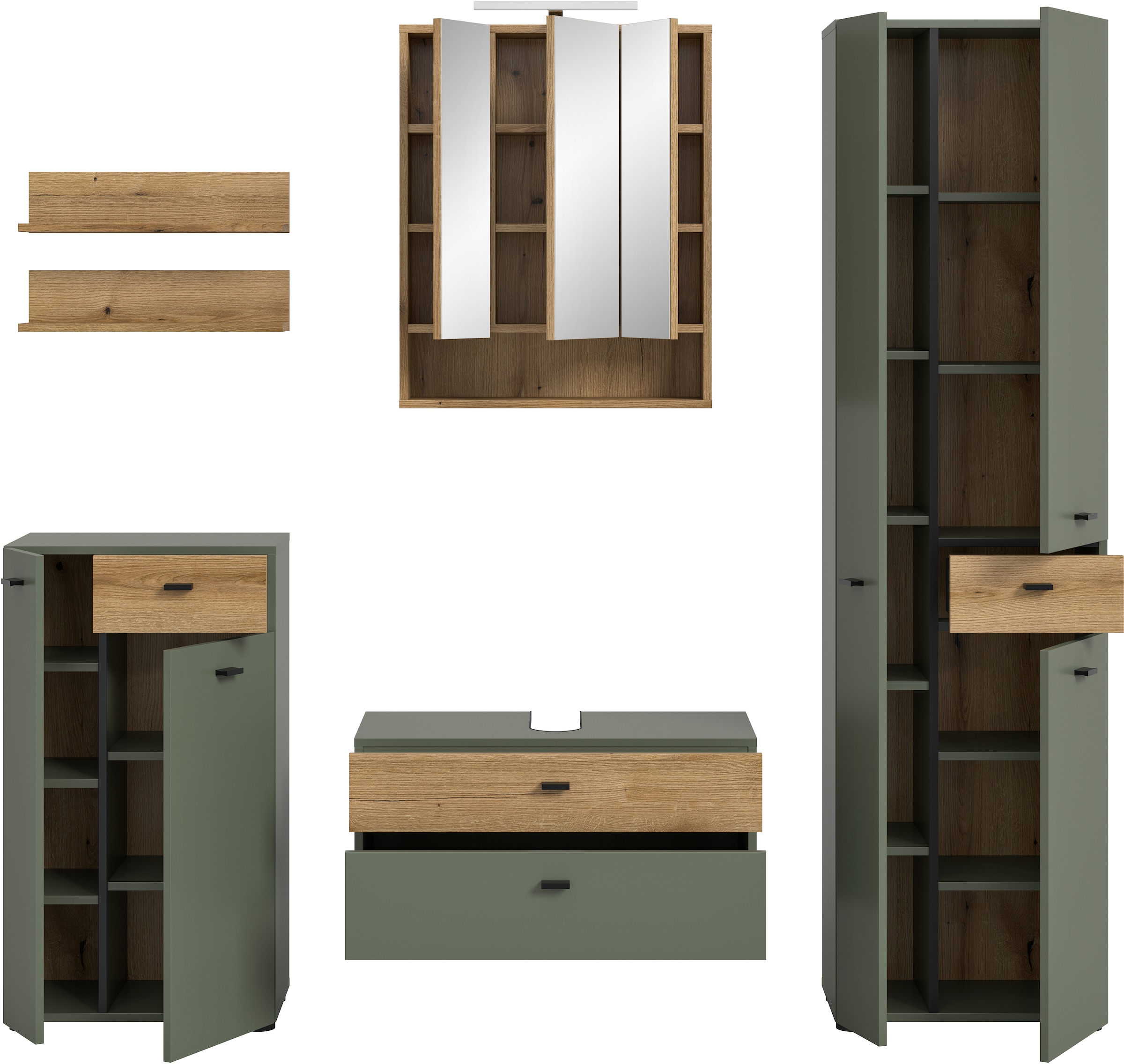 welltime Badmöbel-Set »VANN, 6-teilige moderne Badkombination, inkl. Beleuchtung« Midischrank, 2er Set Wandregal, WBU, Spiegelschrank, Hochschrank, 6 Stk. tlg.